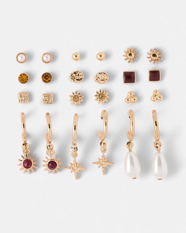 12 Pack Celestial Earrings - Gold 