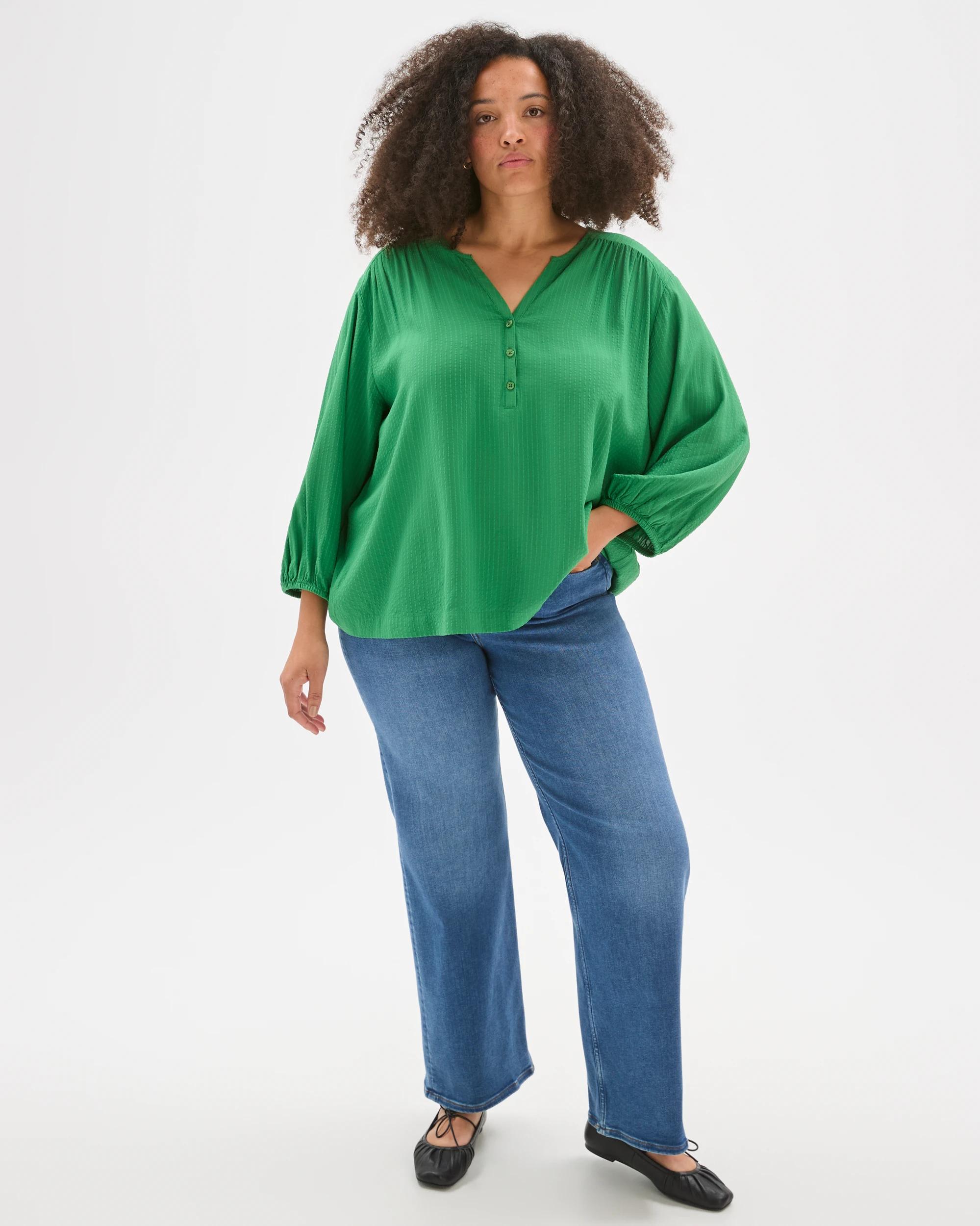 1 Target Curve Plus Size 3/4 Sleeve Half Placket Blouse PINE GREEN, 1 of 6