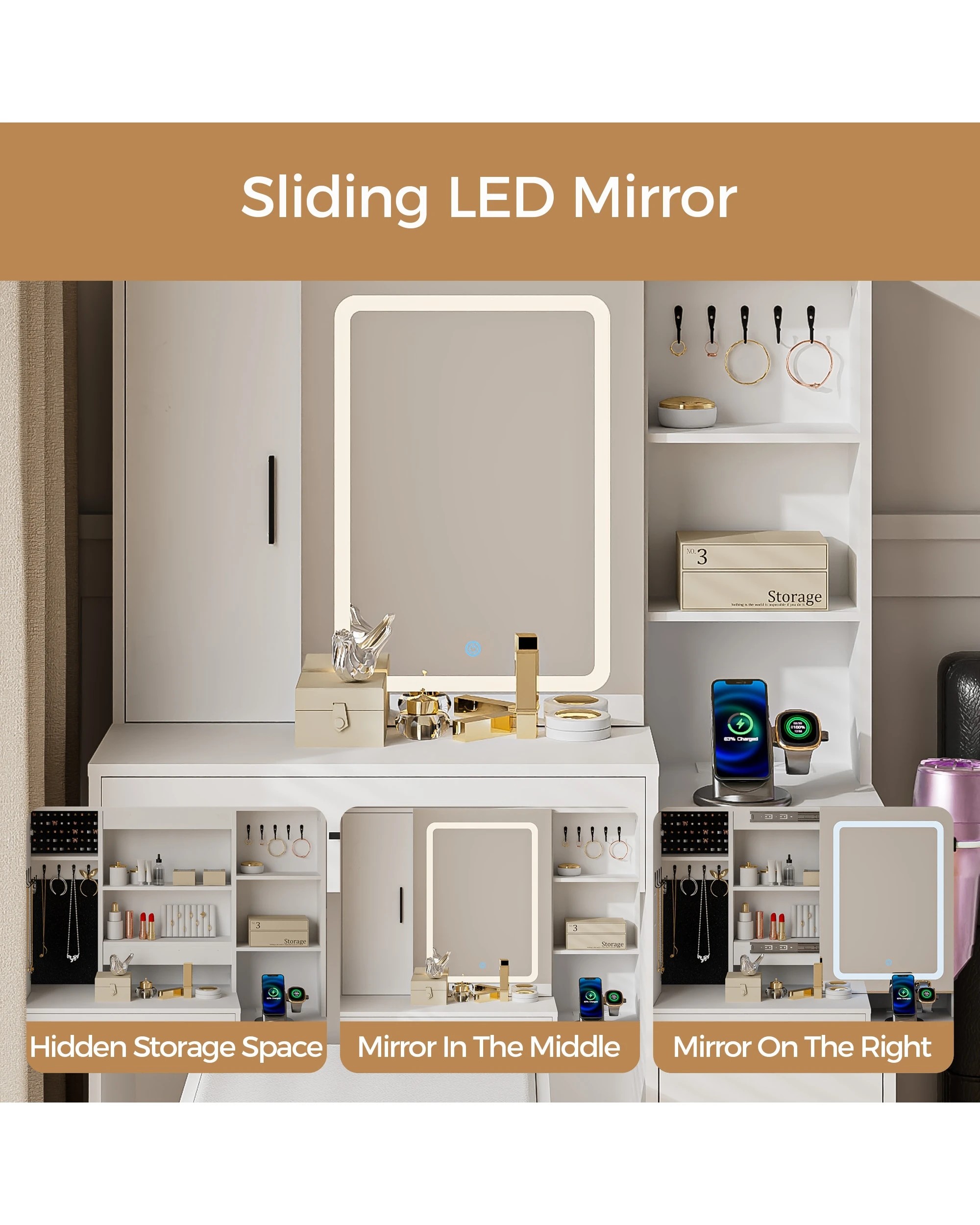 3 Ufurniture Dressing Table Stool Set LED Lights Mirror Drawers & Jewelry Shelves - White, 3 of 8