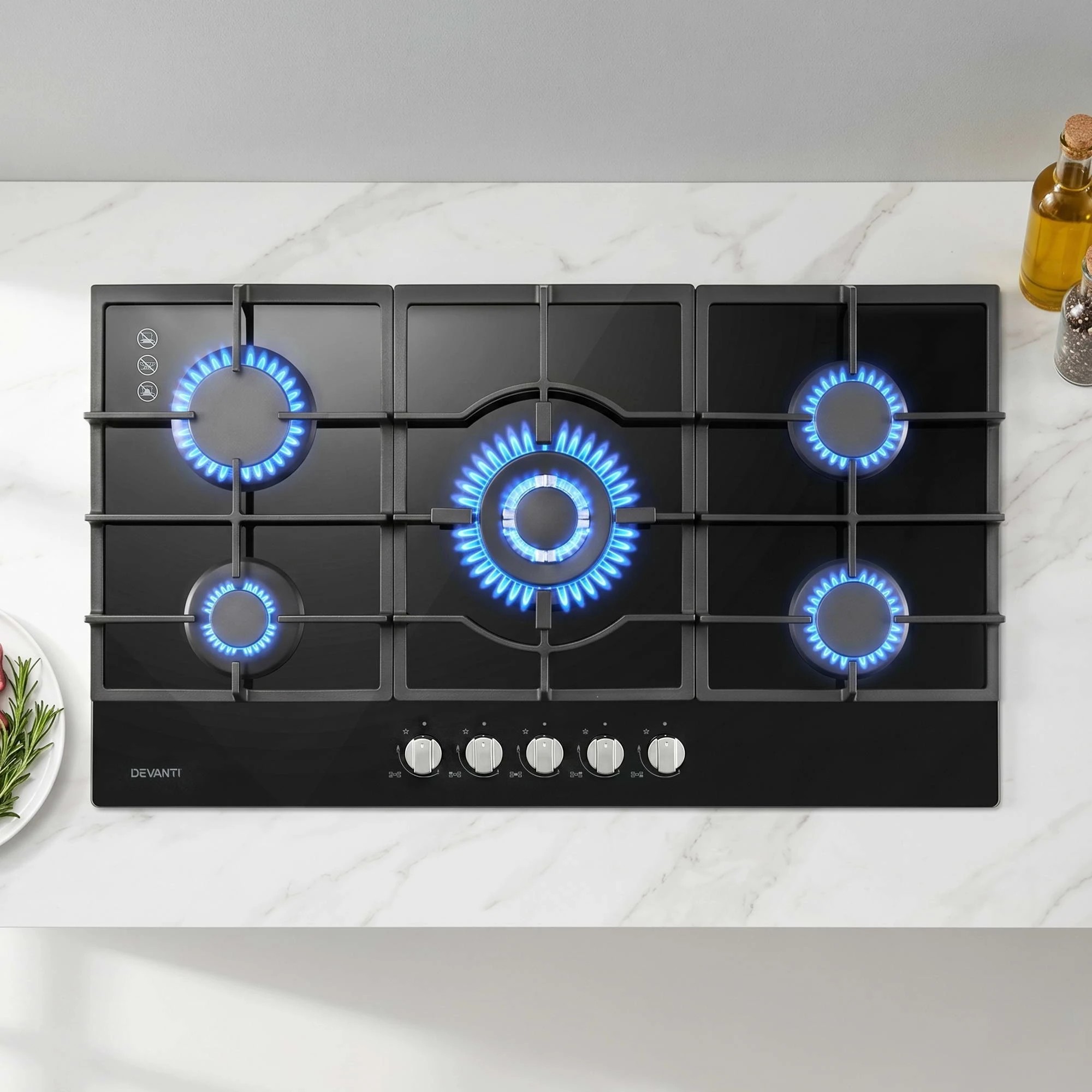 2 Devanti 90cm 5 Burner Gas Cooktop - Black, 2 of 9