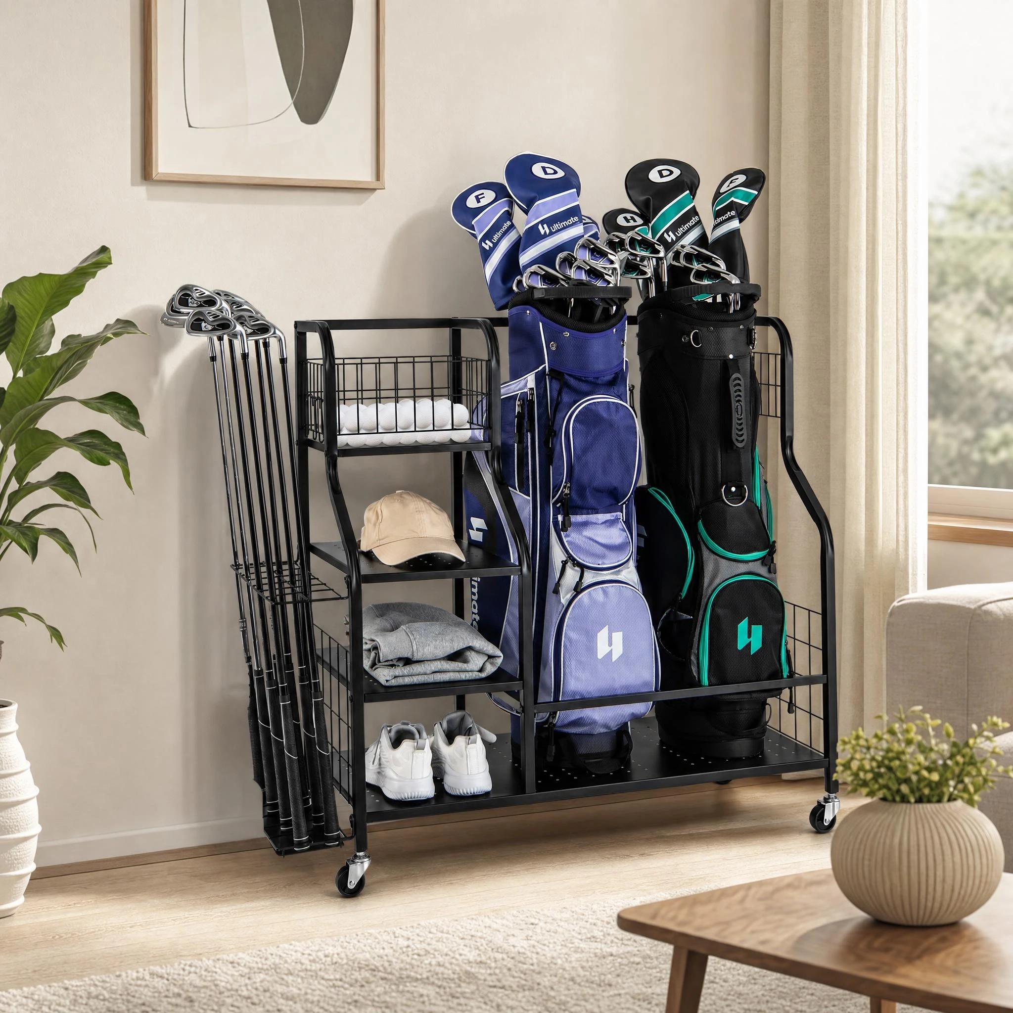 2 Costway Golf Bag Storage Garage Organizer Golf Bag Stand Golf Club Rack Holder w/Wheels, 2 of 7