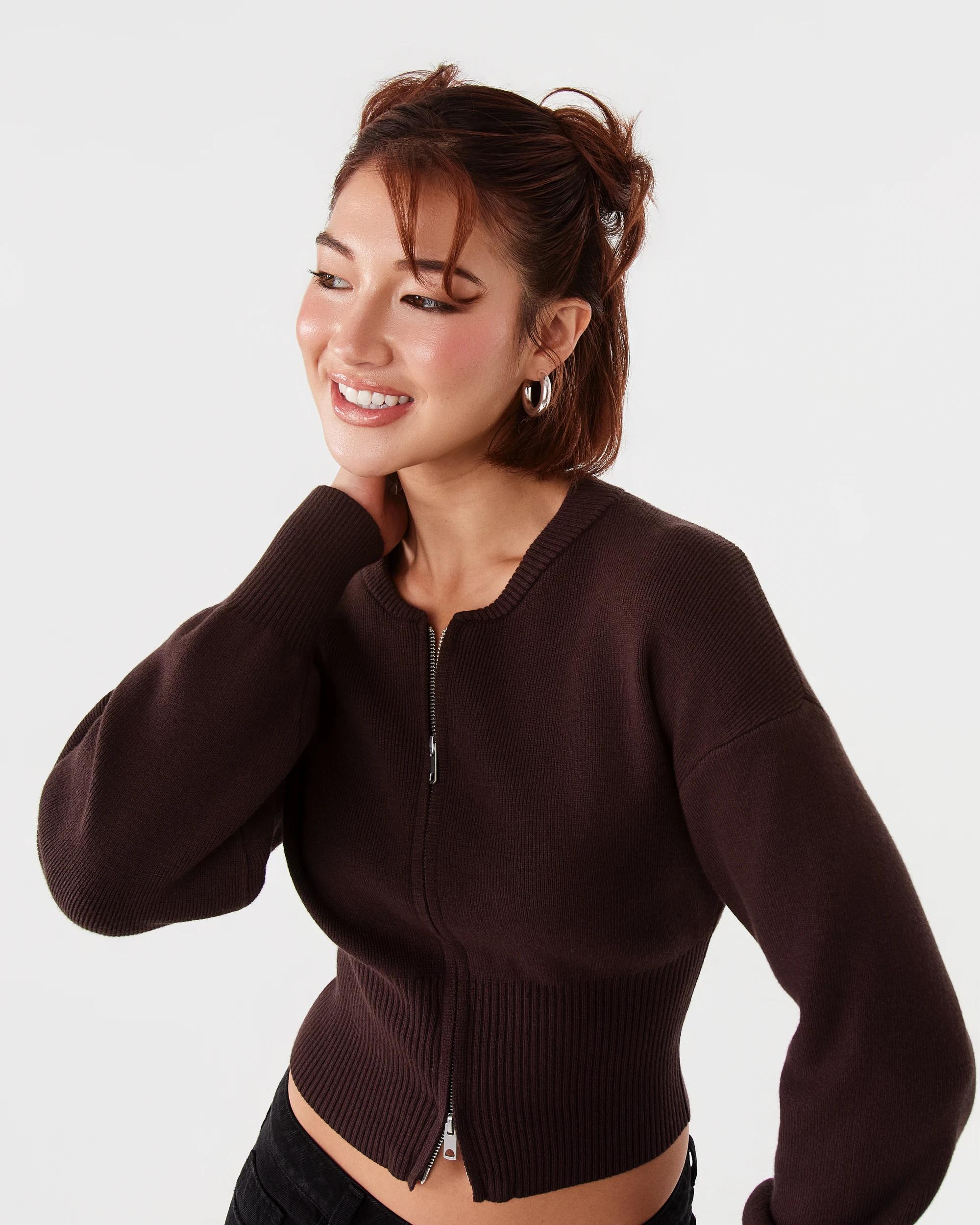 5 Zip Front Knit Cardigan Choc Plum, 5 of 8