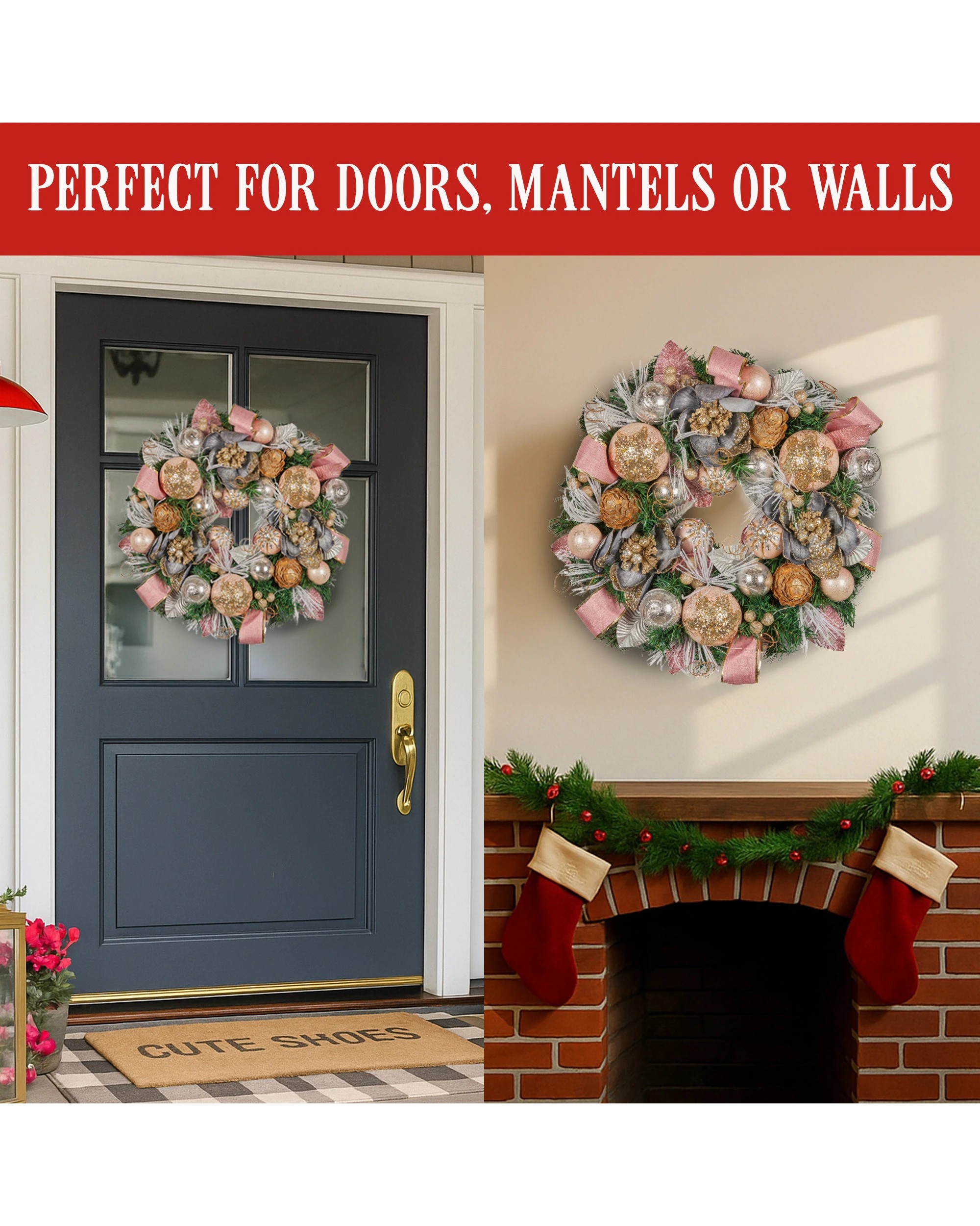 8 Christabelle 56cm Christmas Wreath Lush Pink Front Door Decoration Jewelled Baubles Flowers Pine Cones Ribbons, 8 of 8