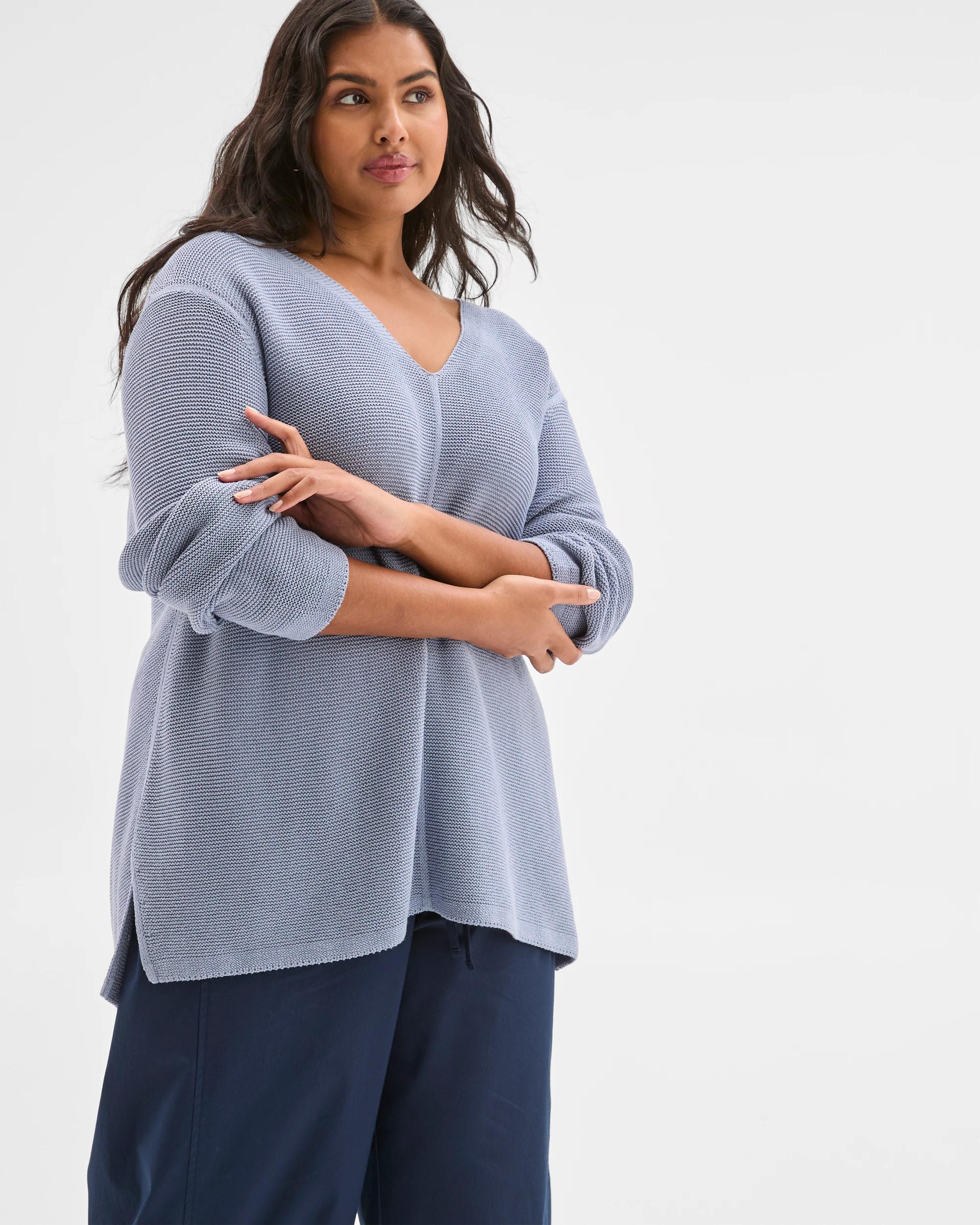 1 Target Curve Plus Size Australian Cotton Blend V-Neck Ottoman Twist Jumper DUSTY BLUE, 1 of 5