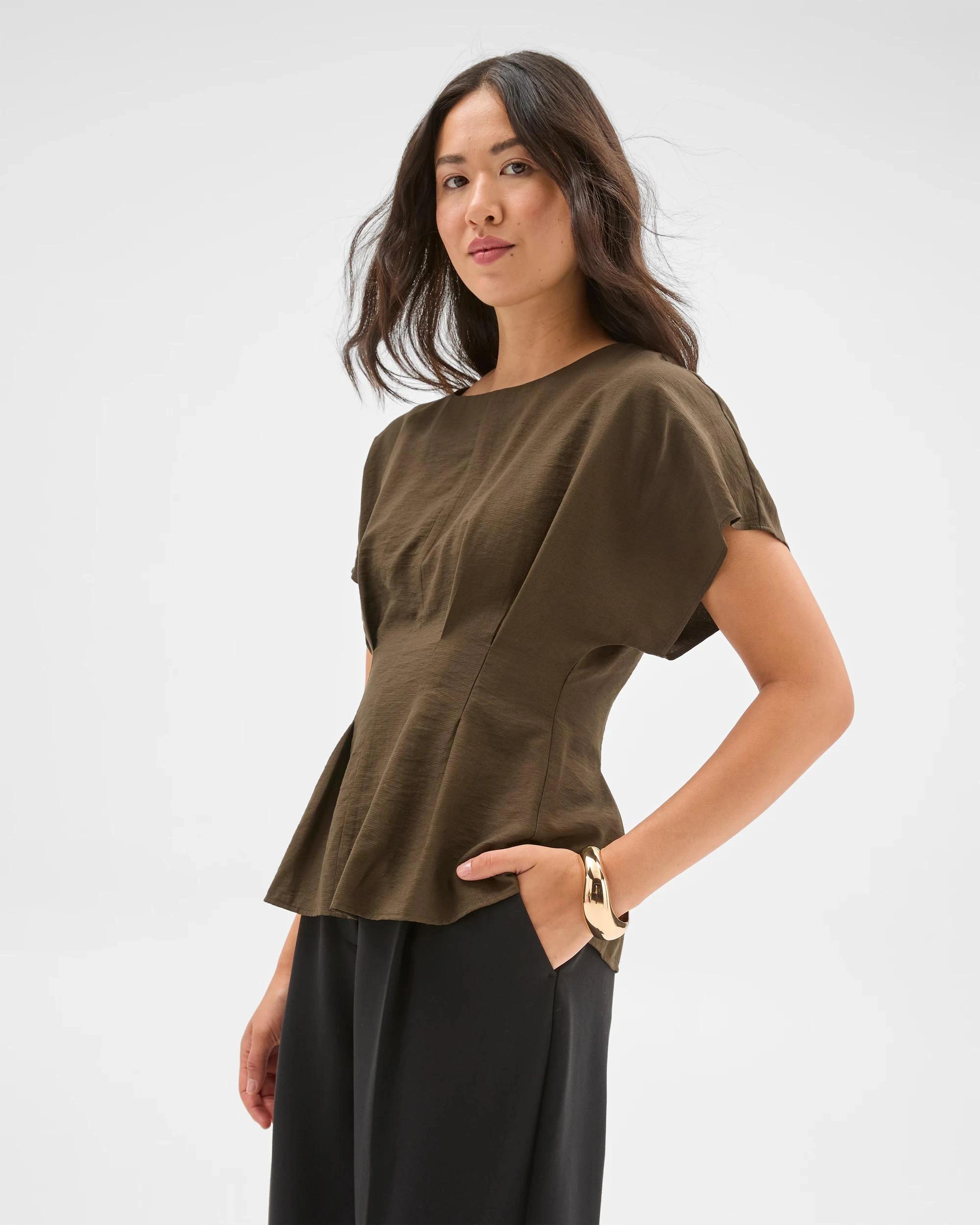 4 Preview Short Sleeve Femme Tuck Blouse DARK OLIVE, 4 of 6