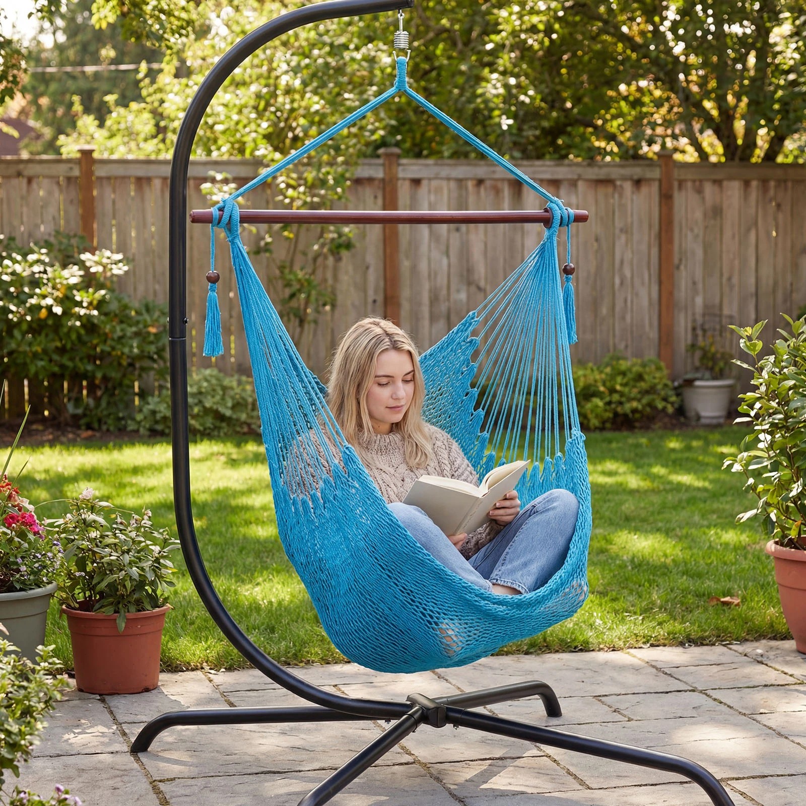 3 Costway Caribbean Hammock Chair Stretchable Hanging Rope Swing Chair - Blue, 3 of 5