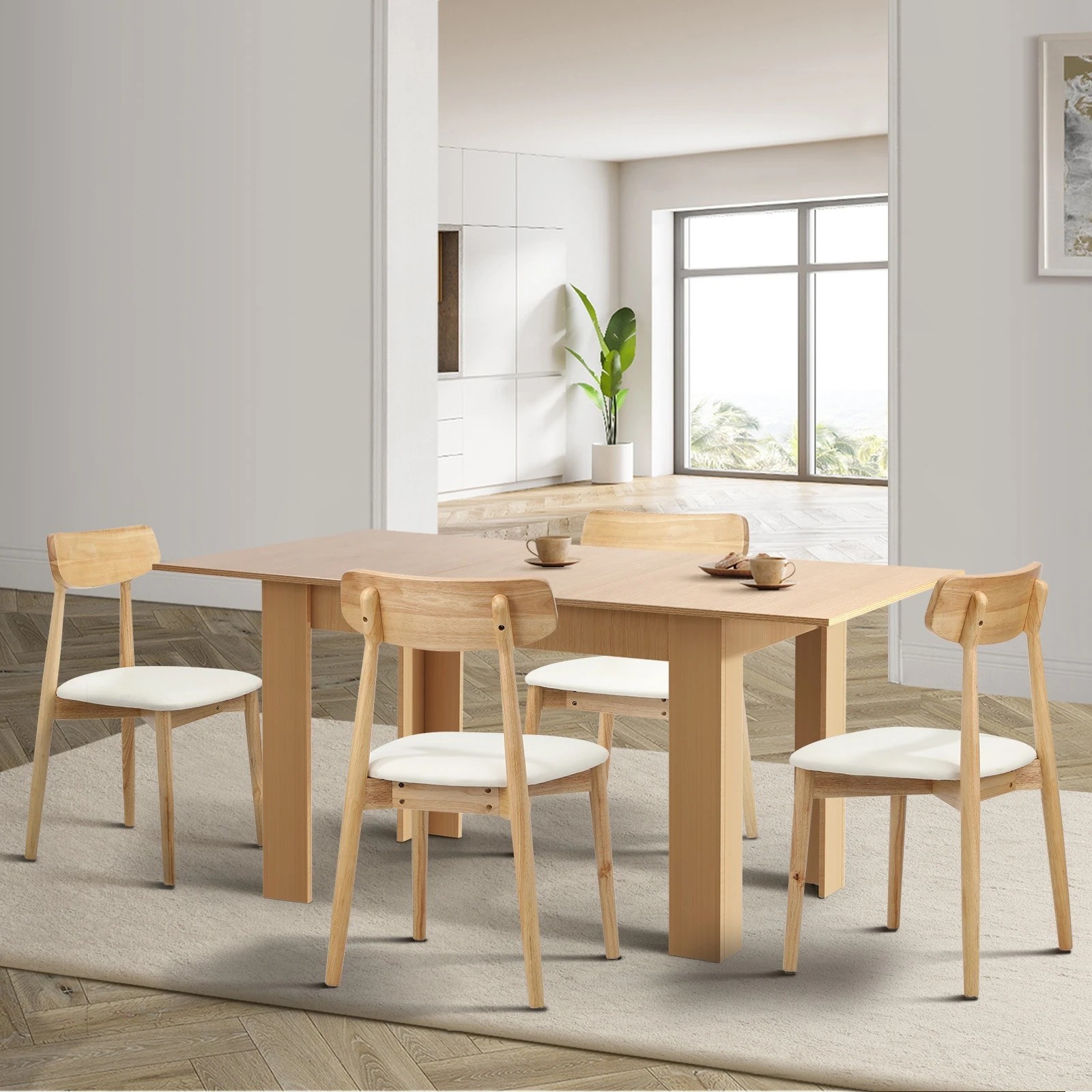 3 Oikiture 160cm Extendable Dining Table with 4x Dining Chairs PU Leather - Natural, 3 of 9