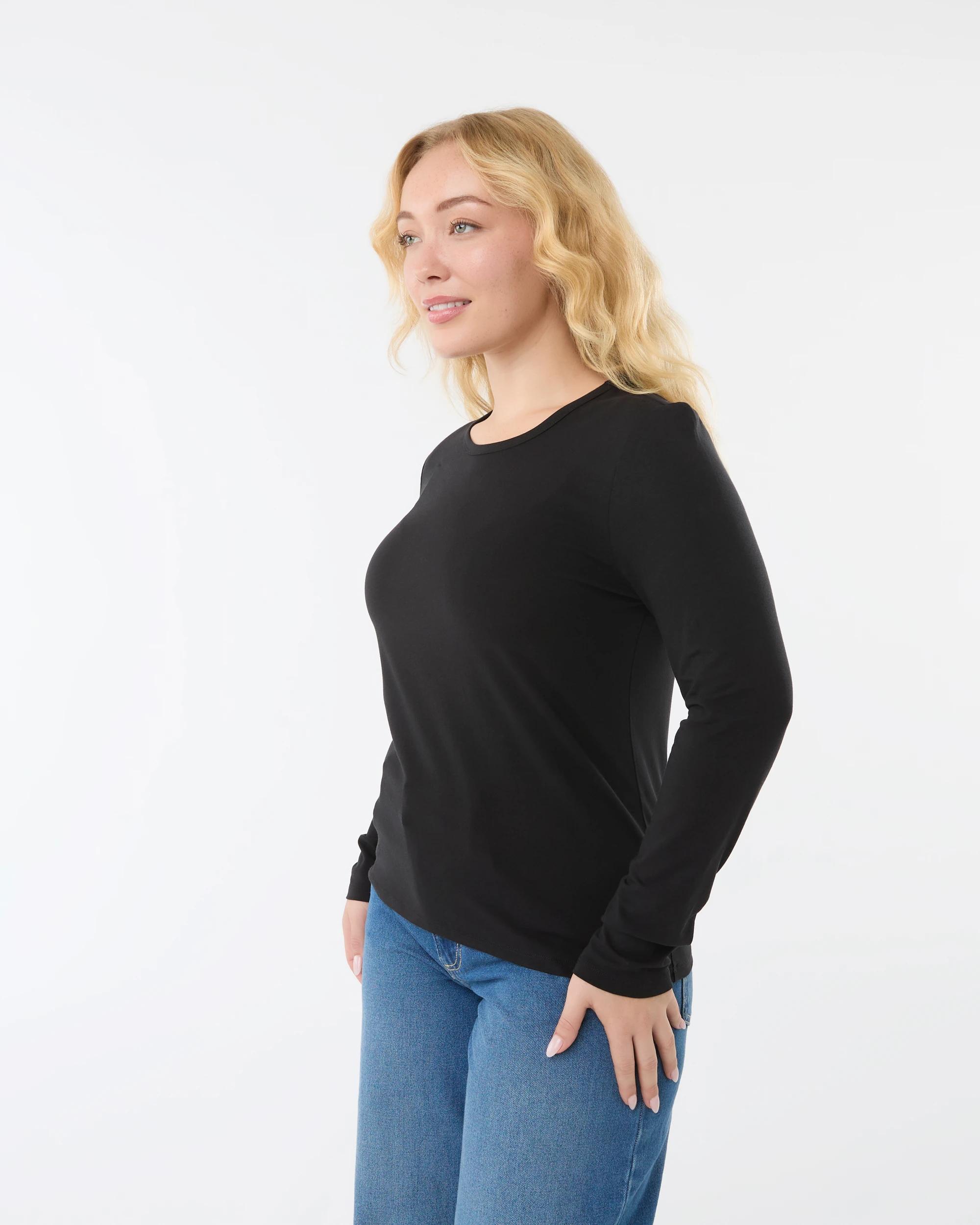 2 Long Sleeve Stretch Crew Neck T-shirt Black, 2 of 6