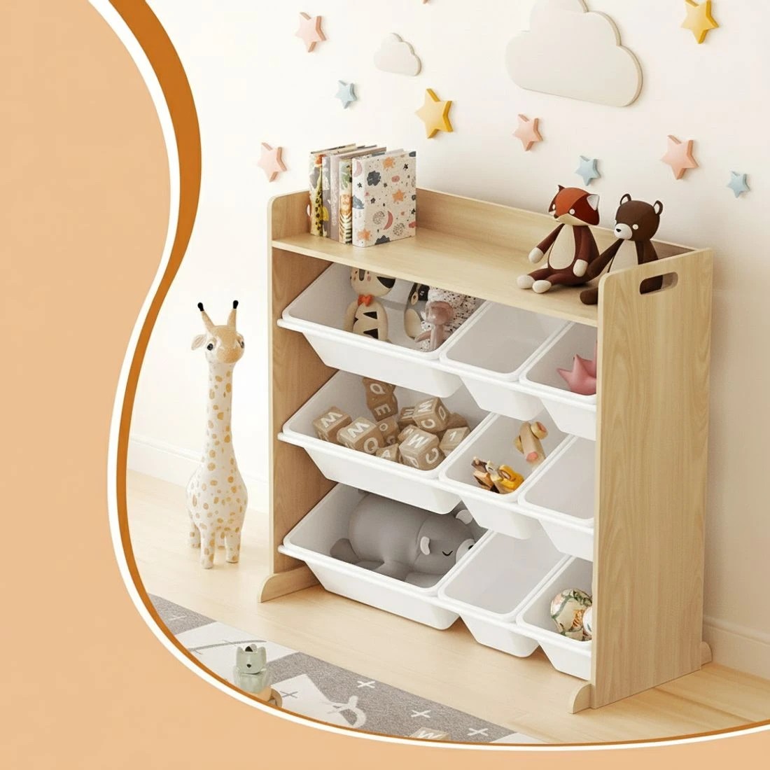 5 Keezi Kids Toy Box 9 Bins Bookshelf Organiser Display Shelf Storage Rack en - Natural, 5 of 6