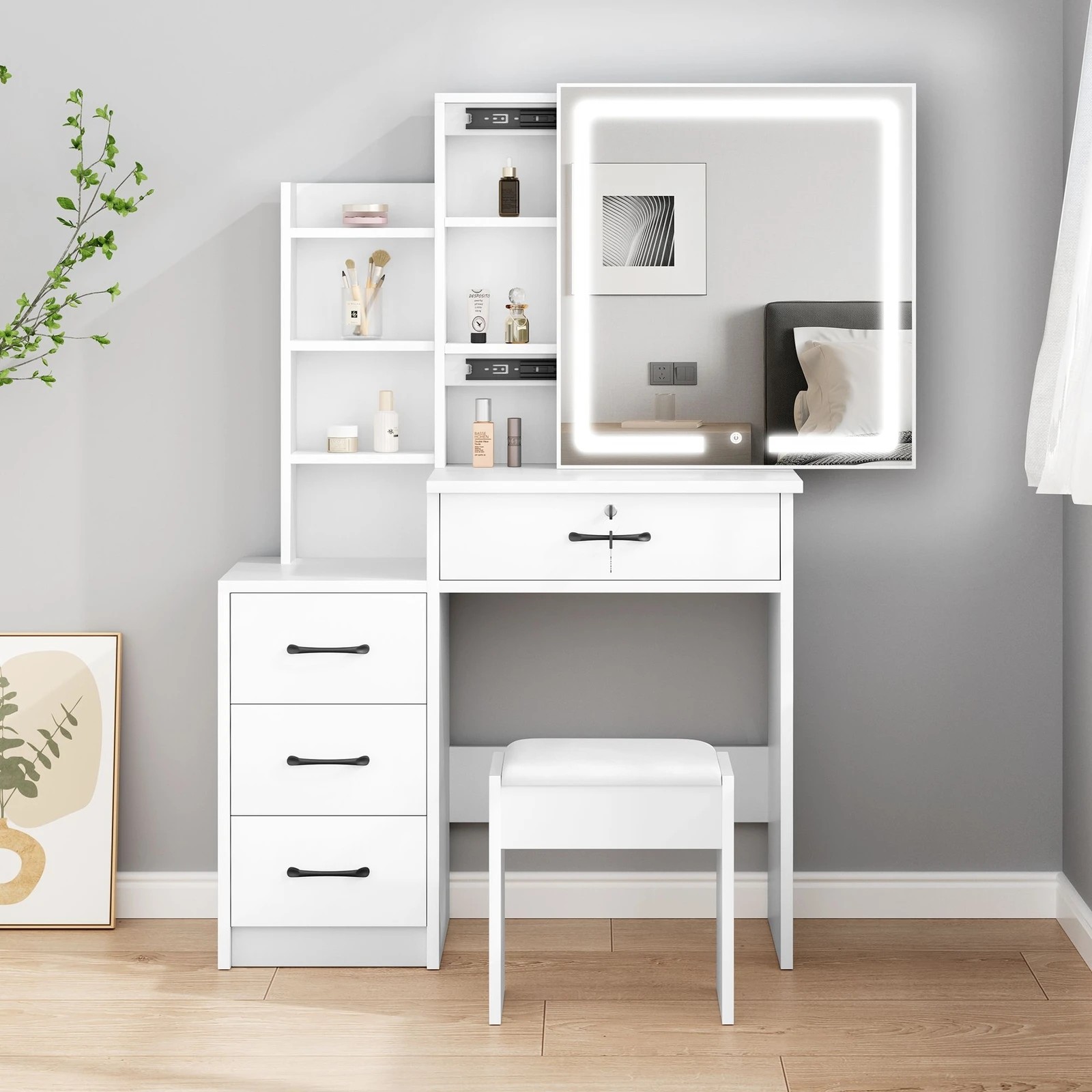 2 Alfordson Dressing Table Stool Set Makeup Mirror Vanity Desk Drawers - White, 2 of 10