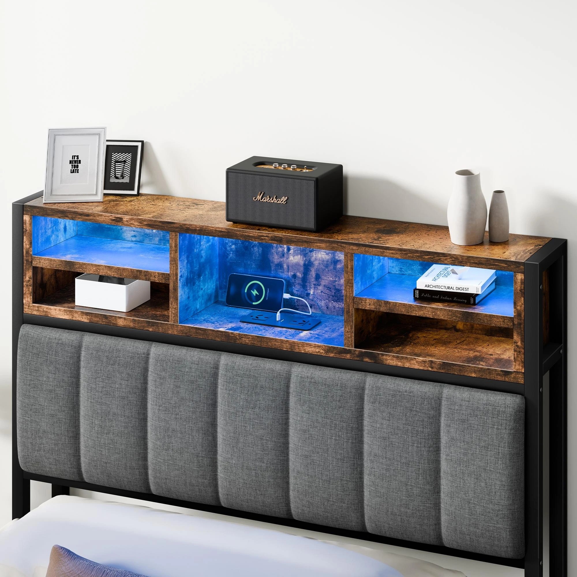 5 Alfordson Bed Frame King Single LED Charging Station Linen - Grey, 5 of 10