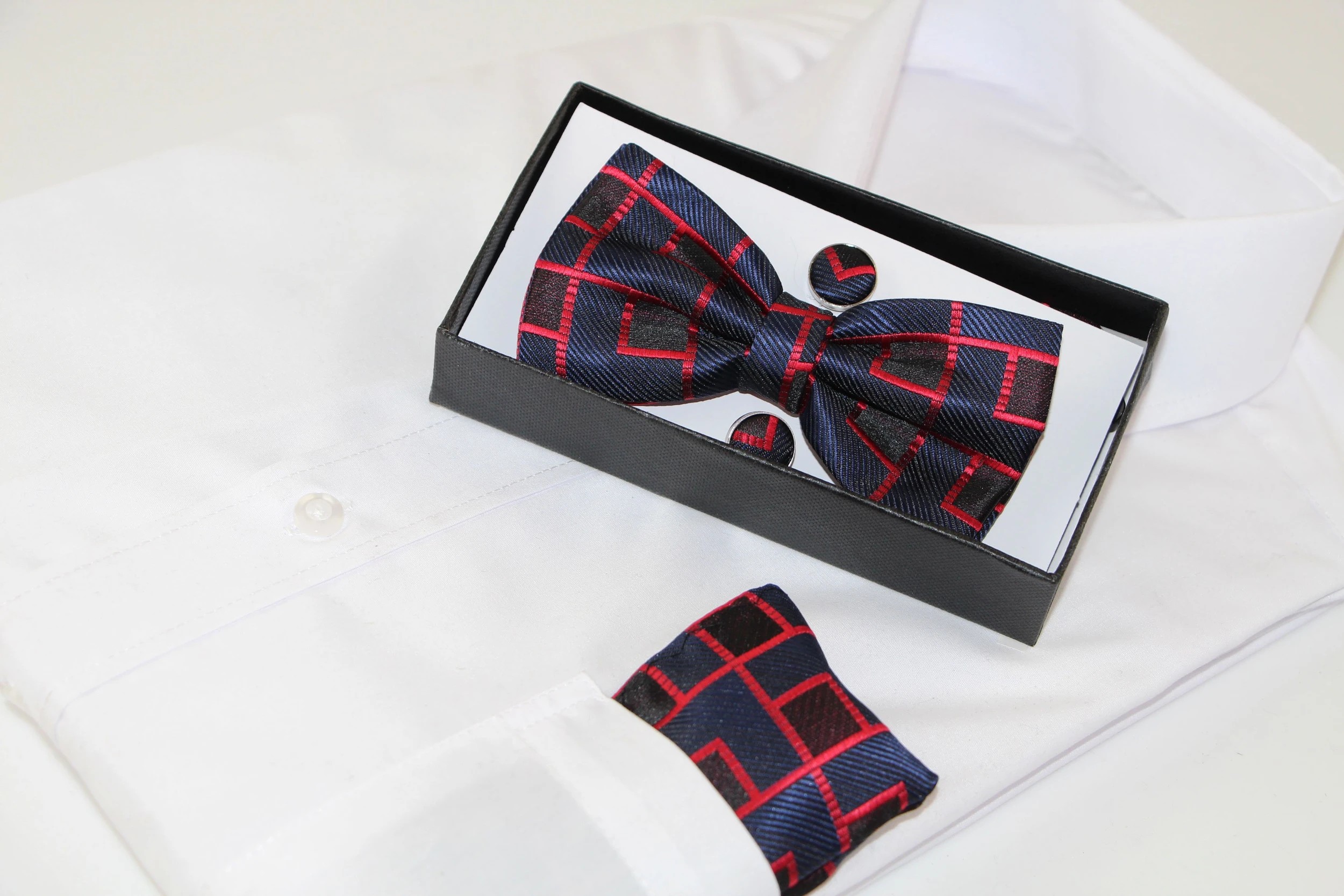 1 Zasel Mens Navy & Dark Red Maze Matching Bow Tie, Pocket Square & Cuff Links Set - Multi, 1 of 5
