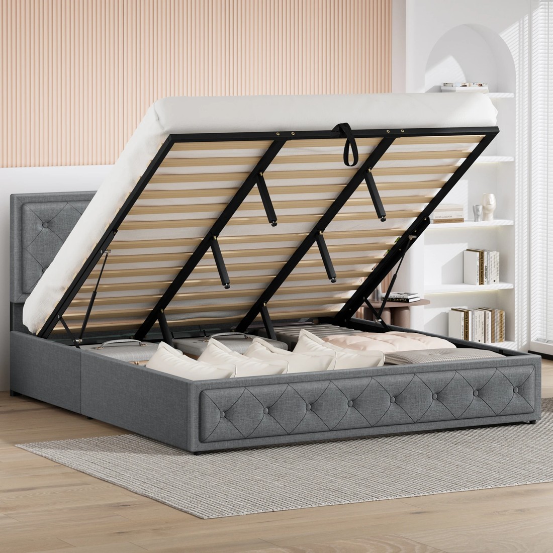 4 Alfordson Bed Frame King Size Gas Lift Storage Mattress Base Fabric Dinana - Grey, 4 of 10