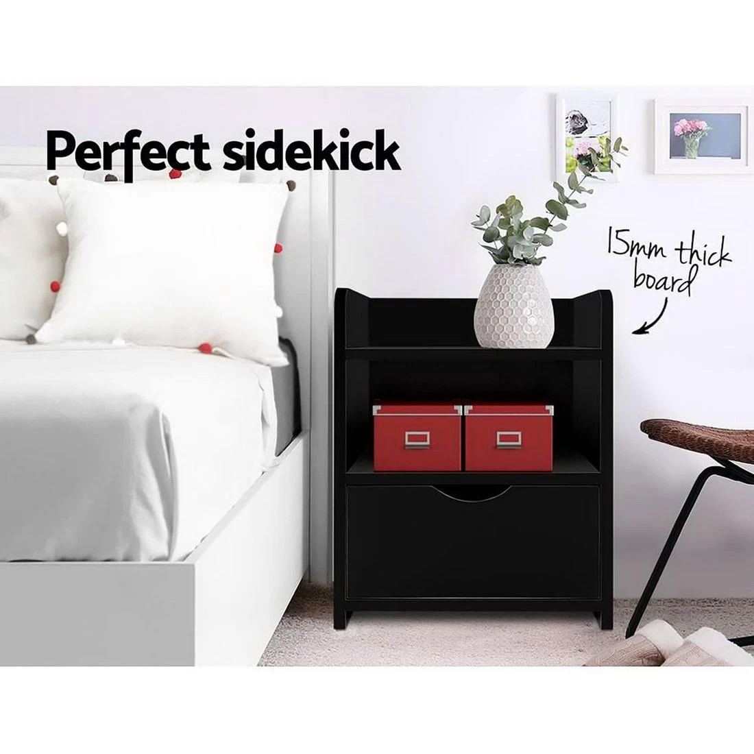 3 Artiss 2X Bedside Table 1 Drawer with Shelf - Black, 3 of 7