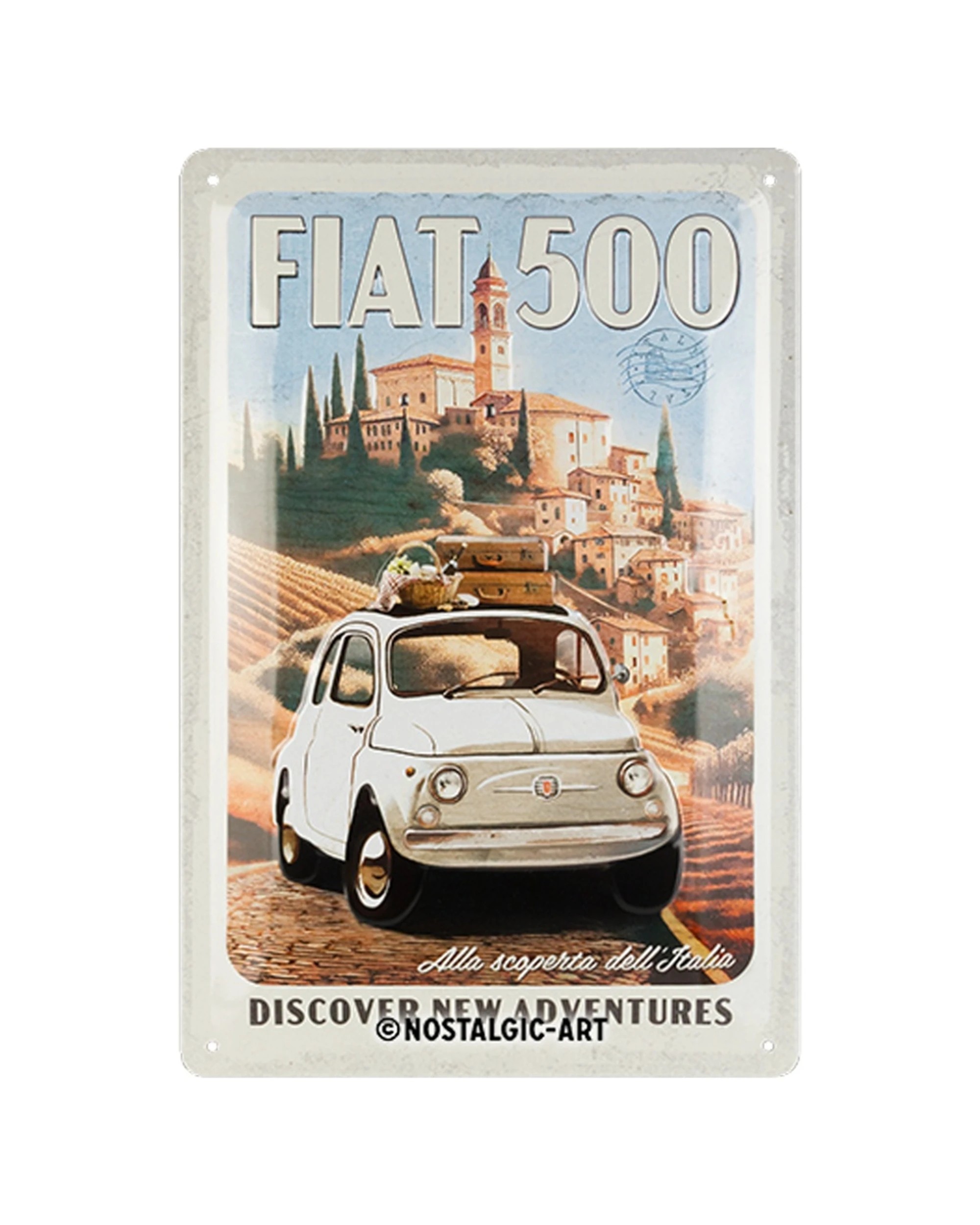 1 Nostalgic-Art Medium 20x30cm Metal Wall Art Sign Plaque - Fiat 500 Discover New Adventures - Multi, 1 of 1