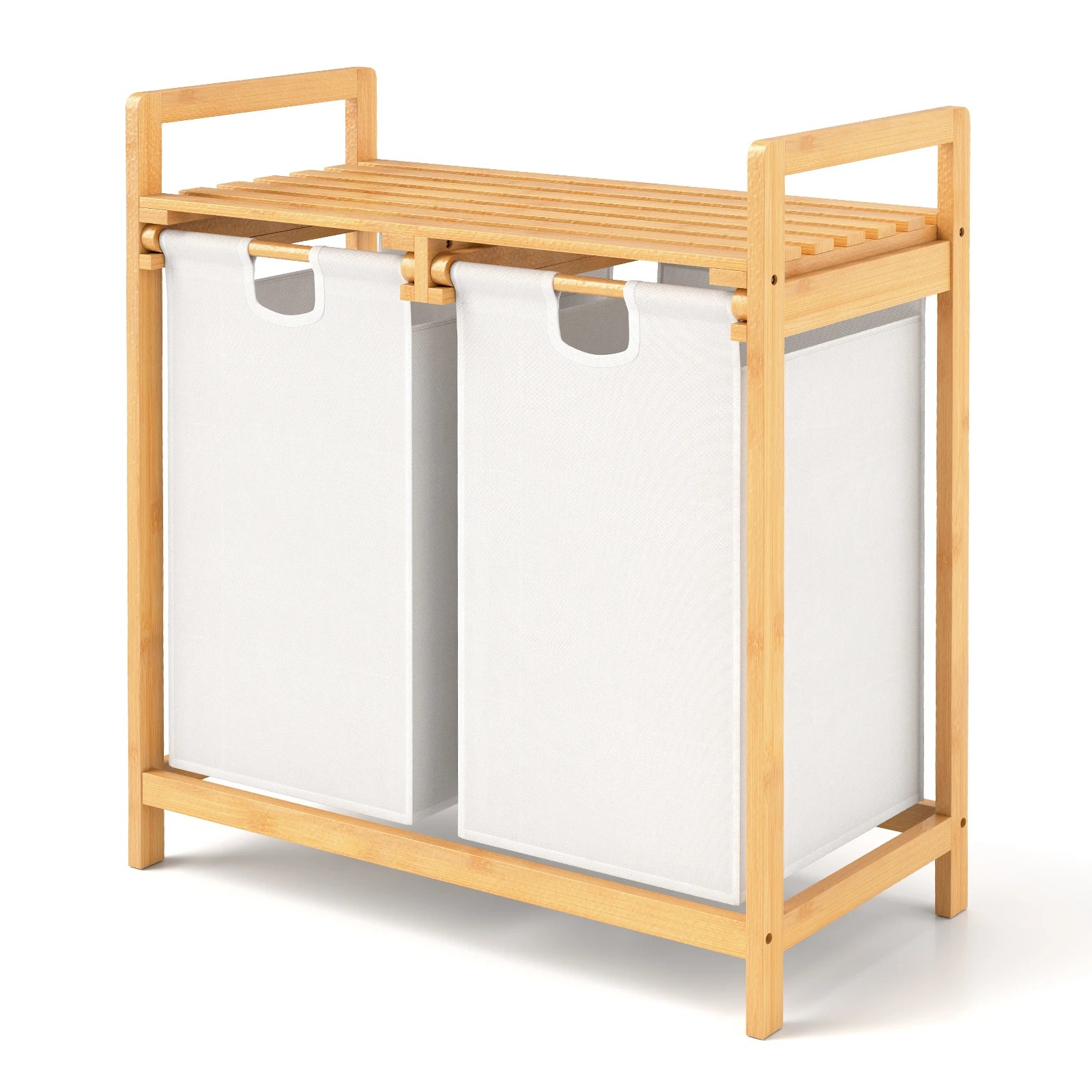 1 Costway Bamboo Laundry Hamper 2-Section Laundry Sorter Basket w/Sliding Bags, 1 of 3