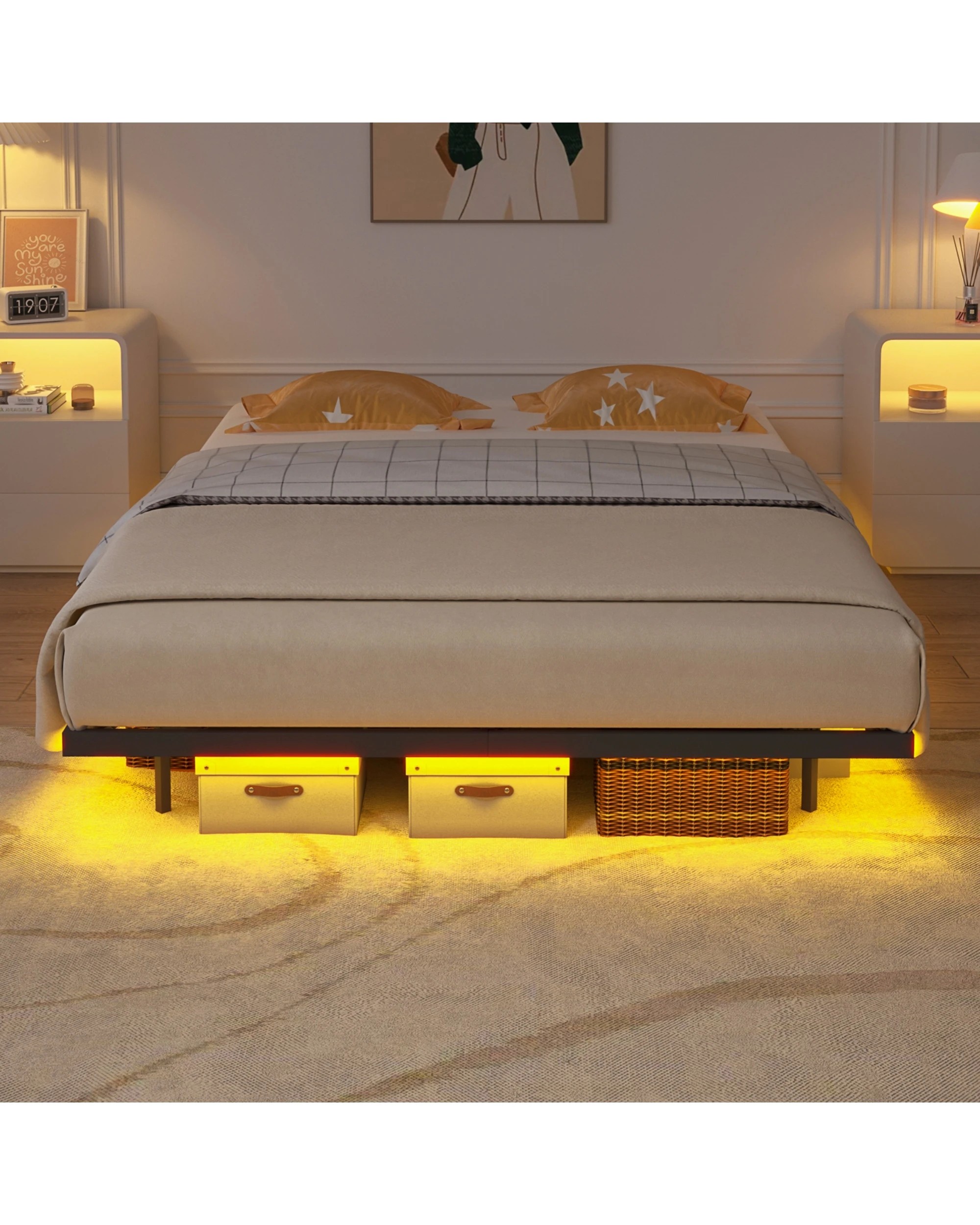 3 Advwin Double Floating Bed Frame With LED Lights Metal Platform, 3 of 10