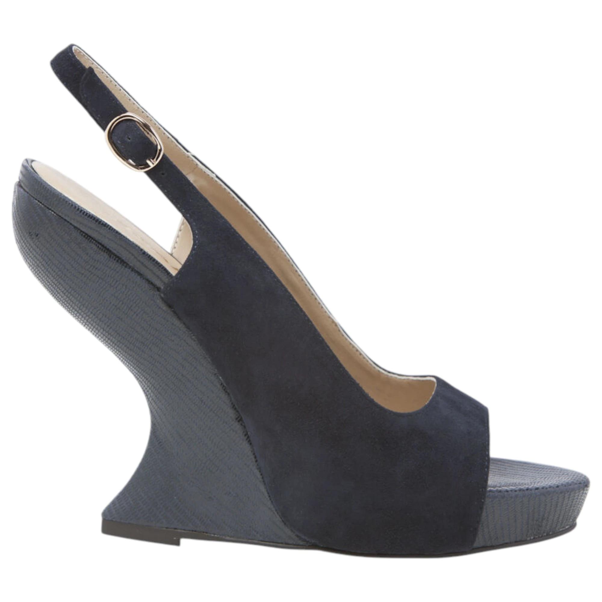 2 Zasel Womens Evelyn Leather Suede Casual Dress Shoes Heels Wedges NAVY, 2 of 3