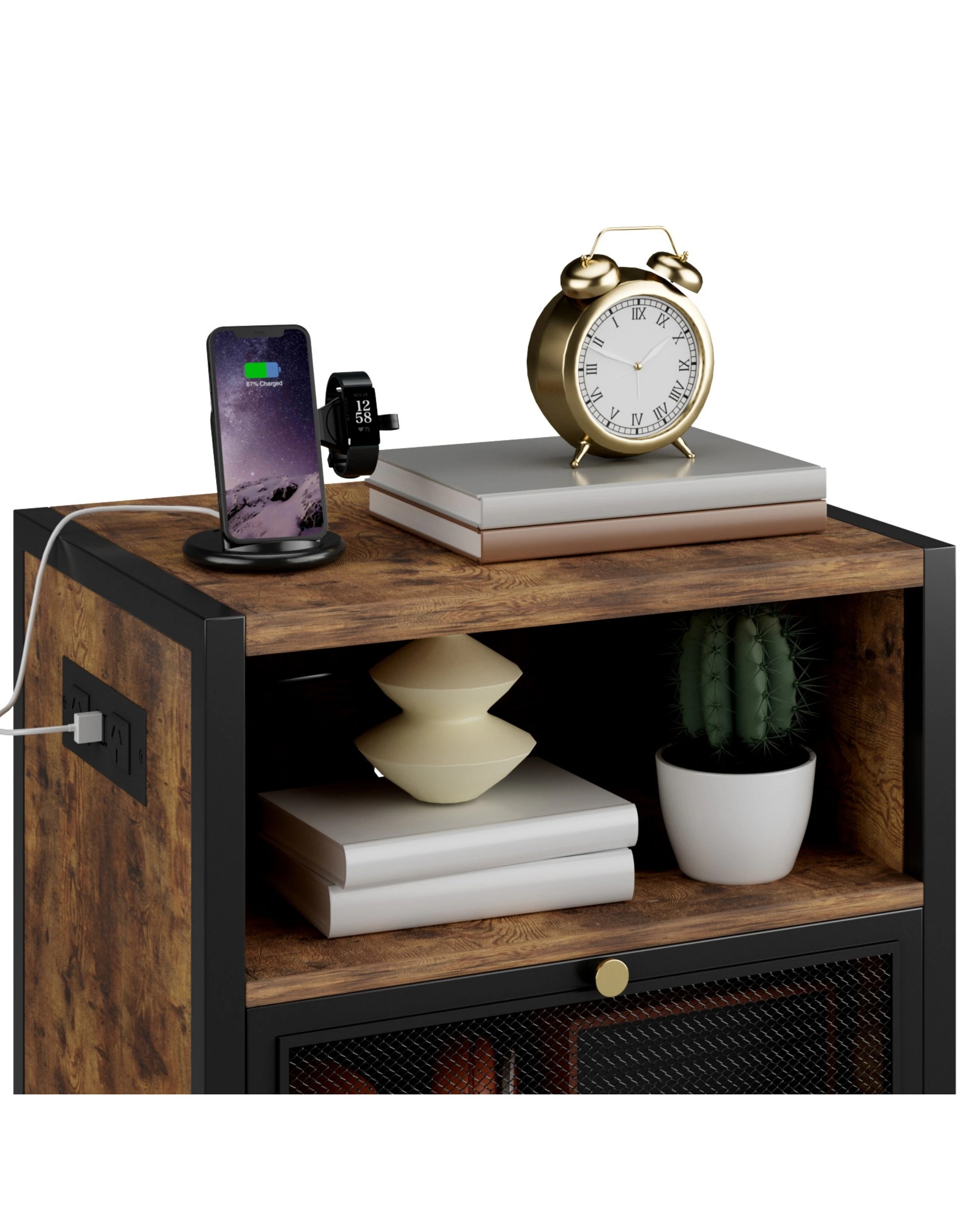 8 Advwin Bedside Table with Charging Station Metal Mesh Drawer Nightstand Side Table - Brown, 8 of 9