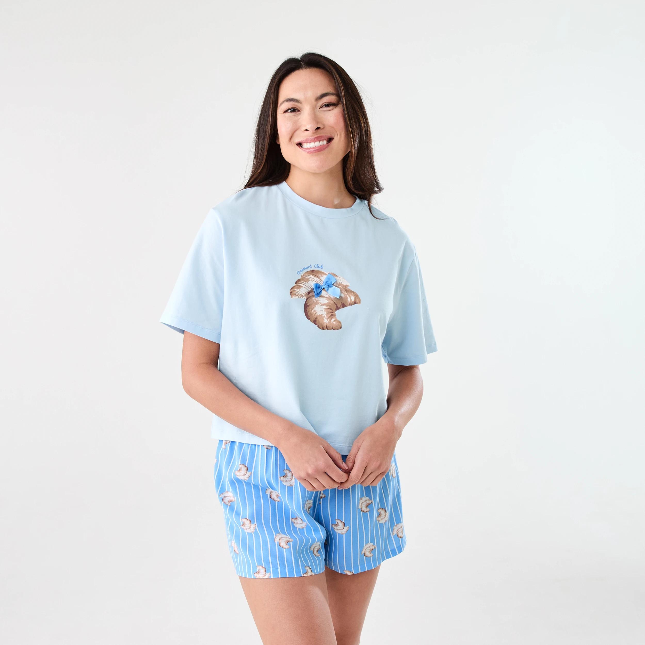 1 Print Knit T-shirt and Woven Shorts Pyjama Set CROISSANT HALOGEN BLUE, 1 of 7