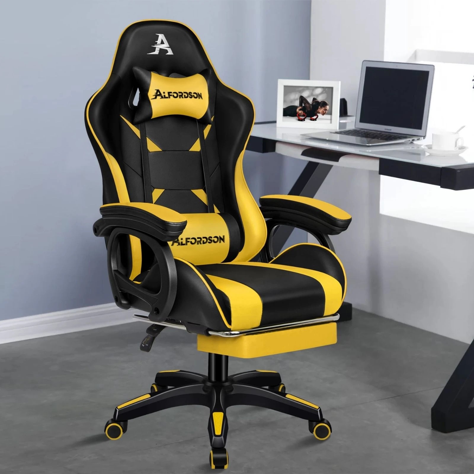 10 Alfordson Gaming Office Chair Massage Racing Computer Seat Footrest Leather - Yellow, 10 of 10