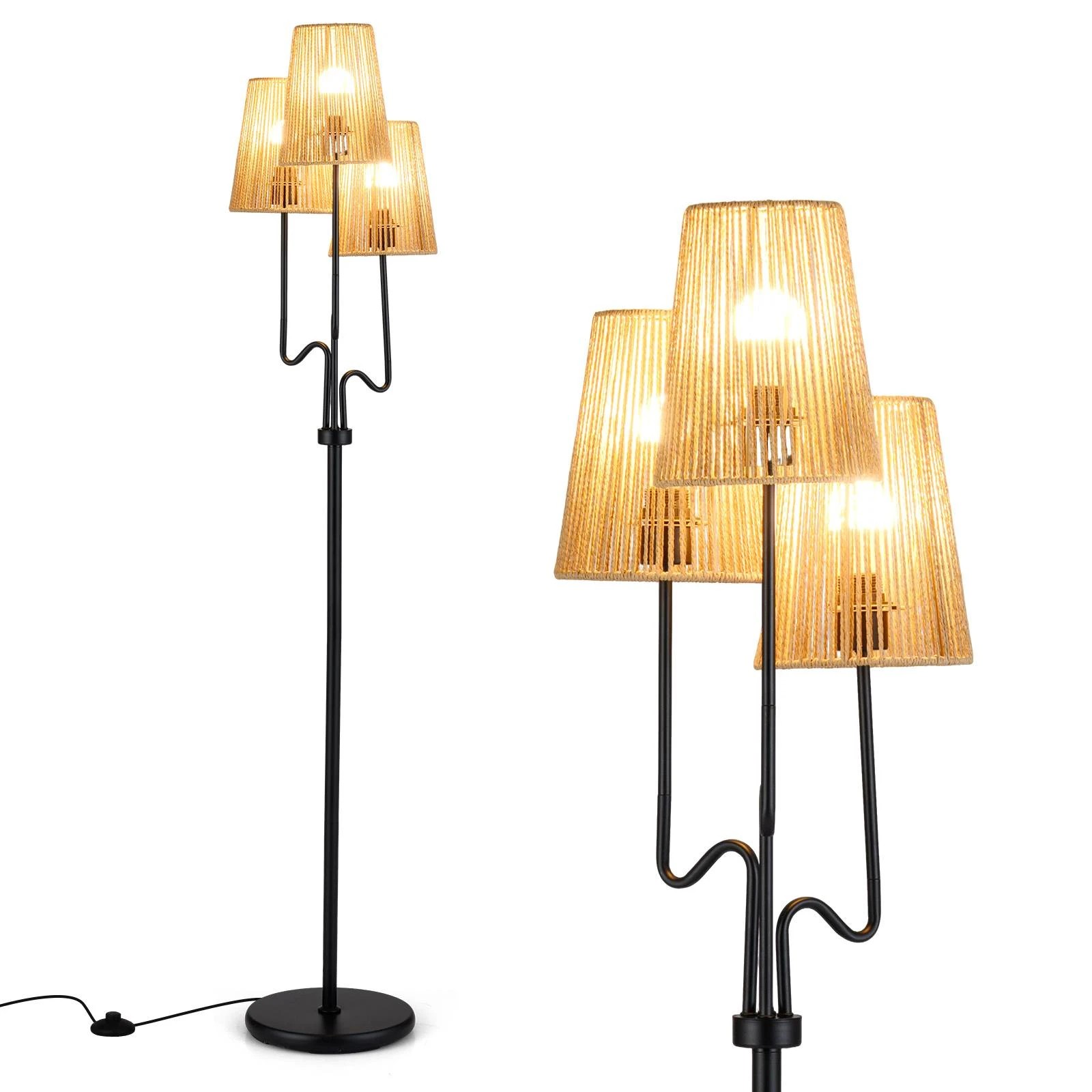 1 Costway 1.75M Tall Floor Lamp Boho 3-Light Standing Lamp w/Rattan-Style Lampshades, 1 of 1