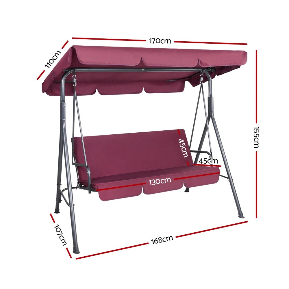 2 Gardeon Outdoor Swing Chair Garden Bench Furniture Canopy 3 Seater Wine - Burgundy, 2 of 6