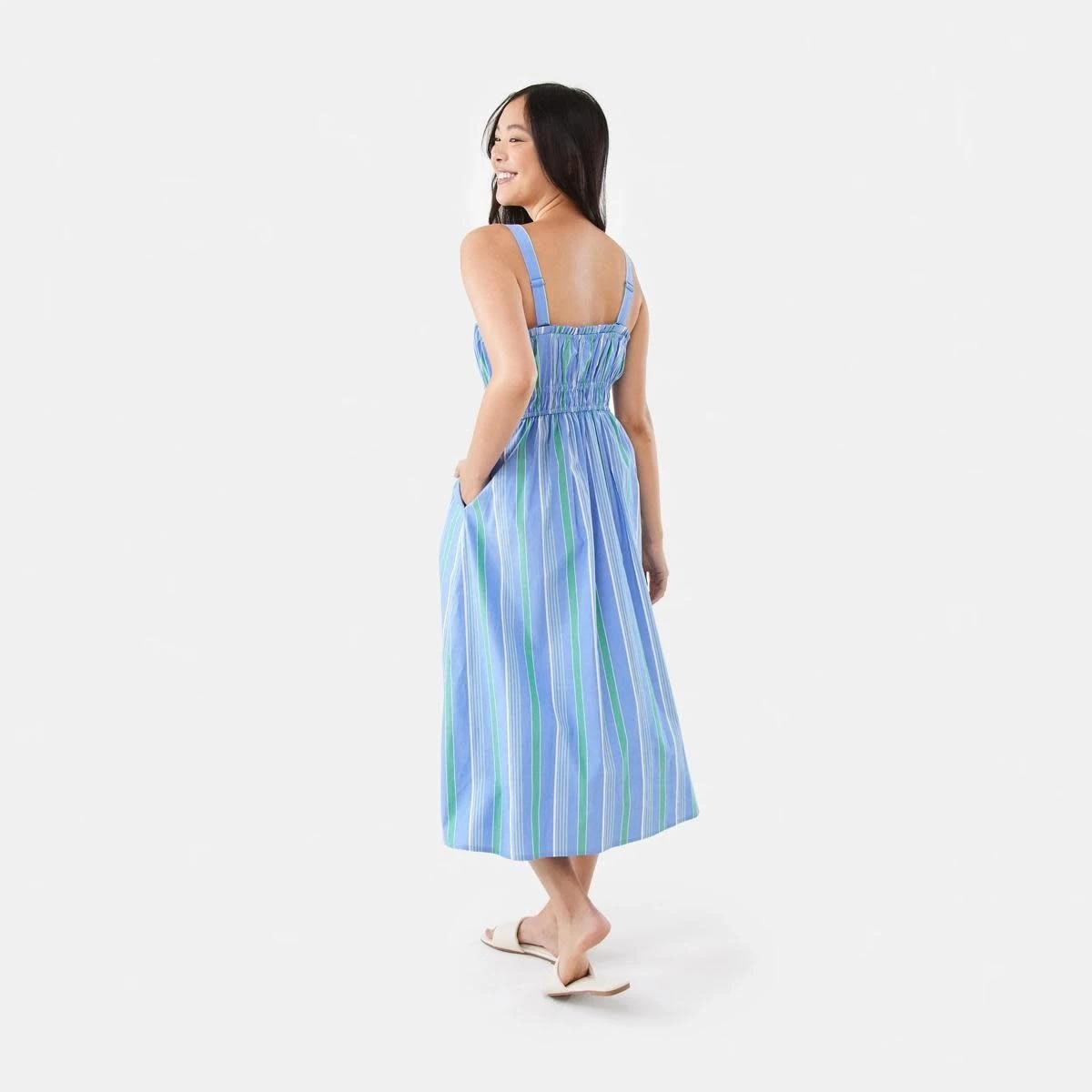 3 Sleeveless Poplin Tie Midi Dress POP STRIPE BLUE MARINE, 3 of 7