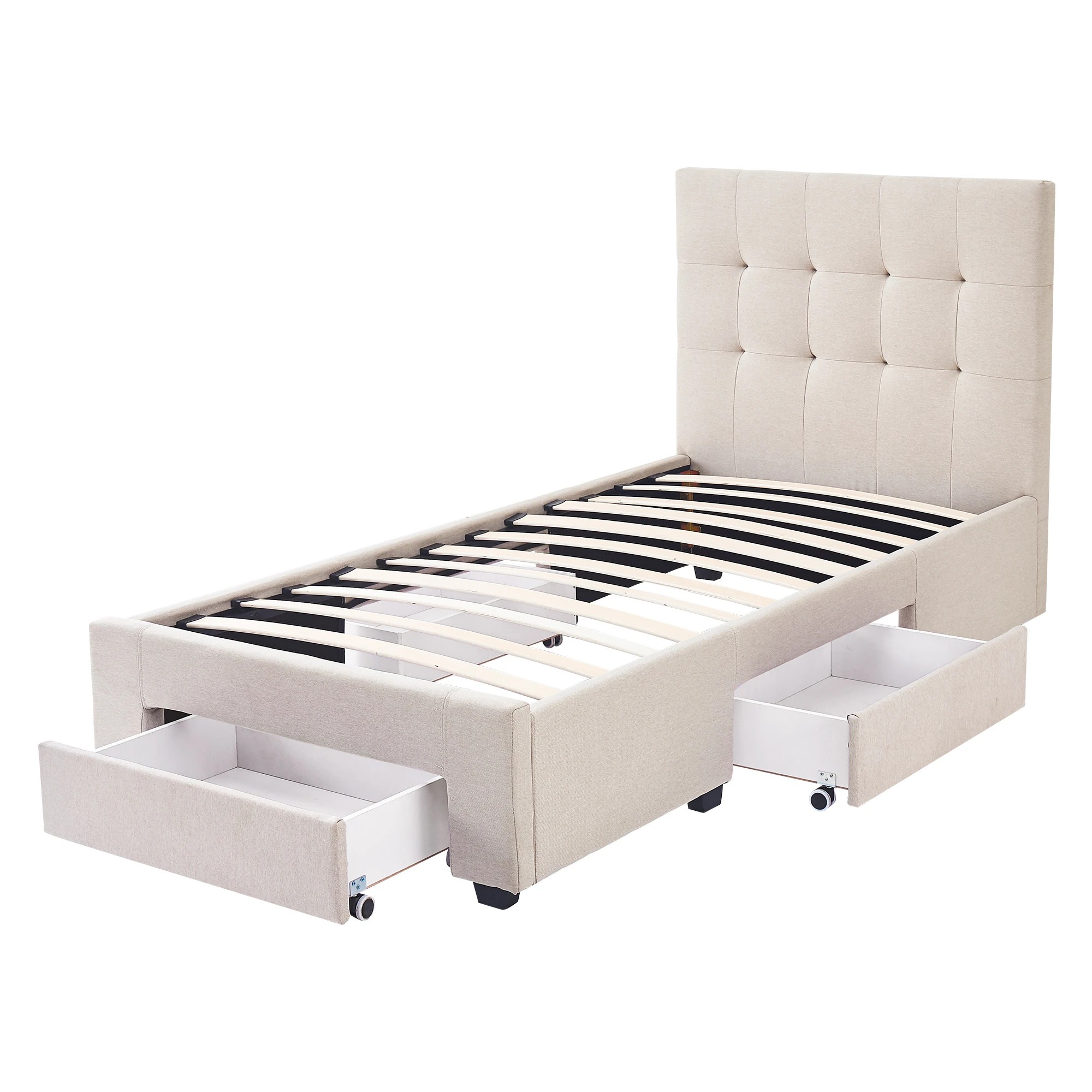 1 Levede Single Storage Bed Frame - Beige, 1 of 9