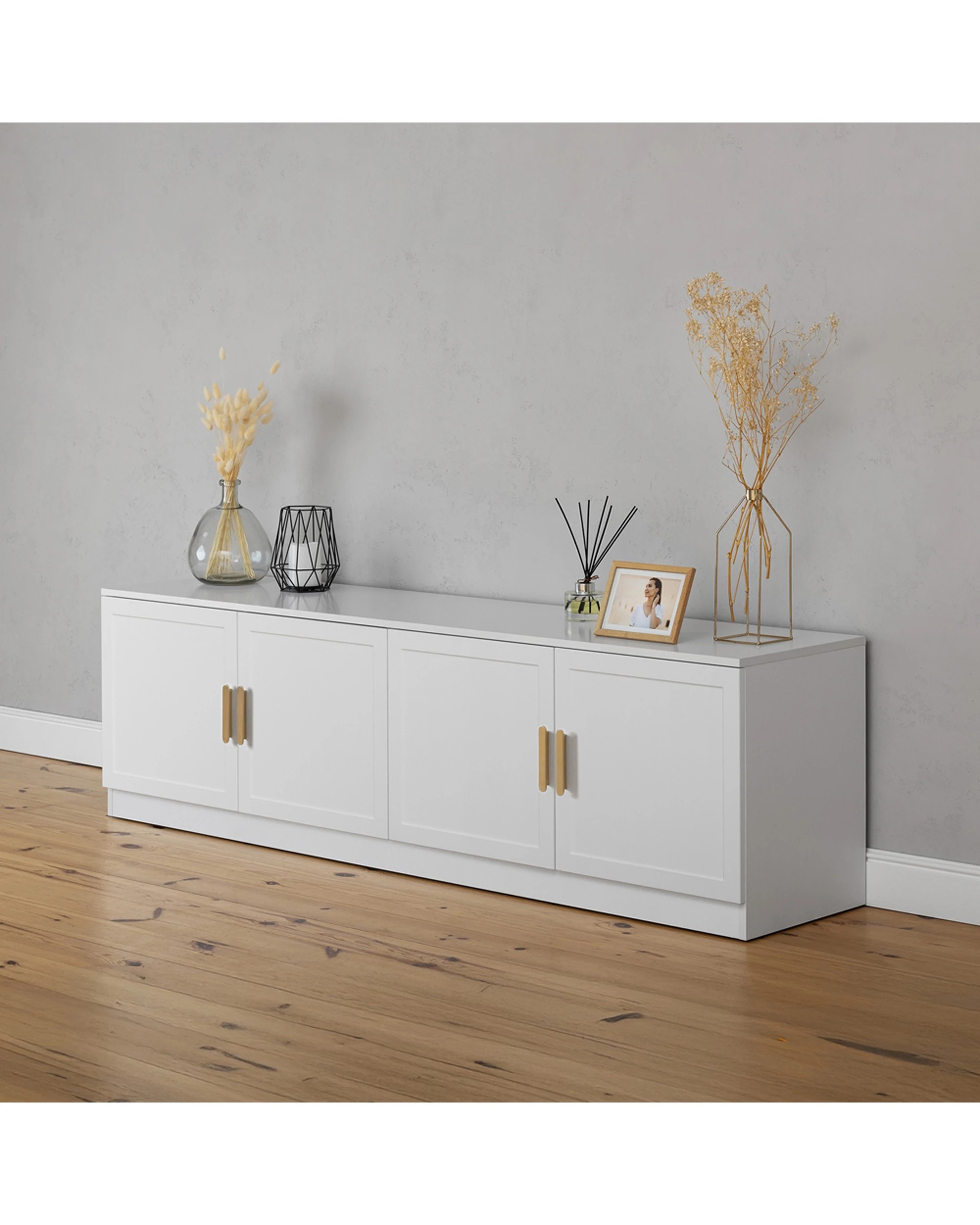 5 European Cabinetry Bucharest Hamptons Panel TV Unit Brass Oval Handle - White, 5 of 5
