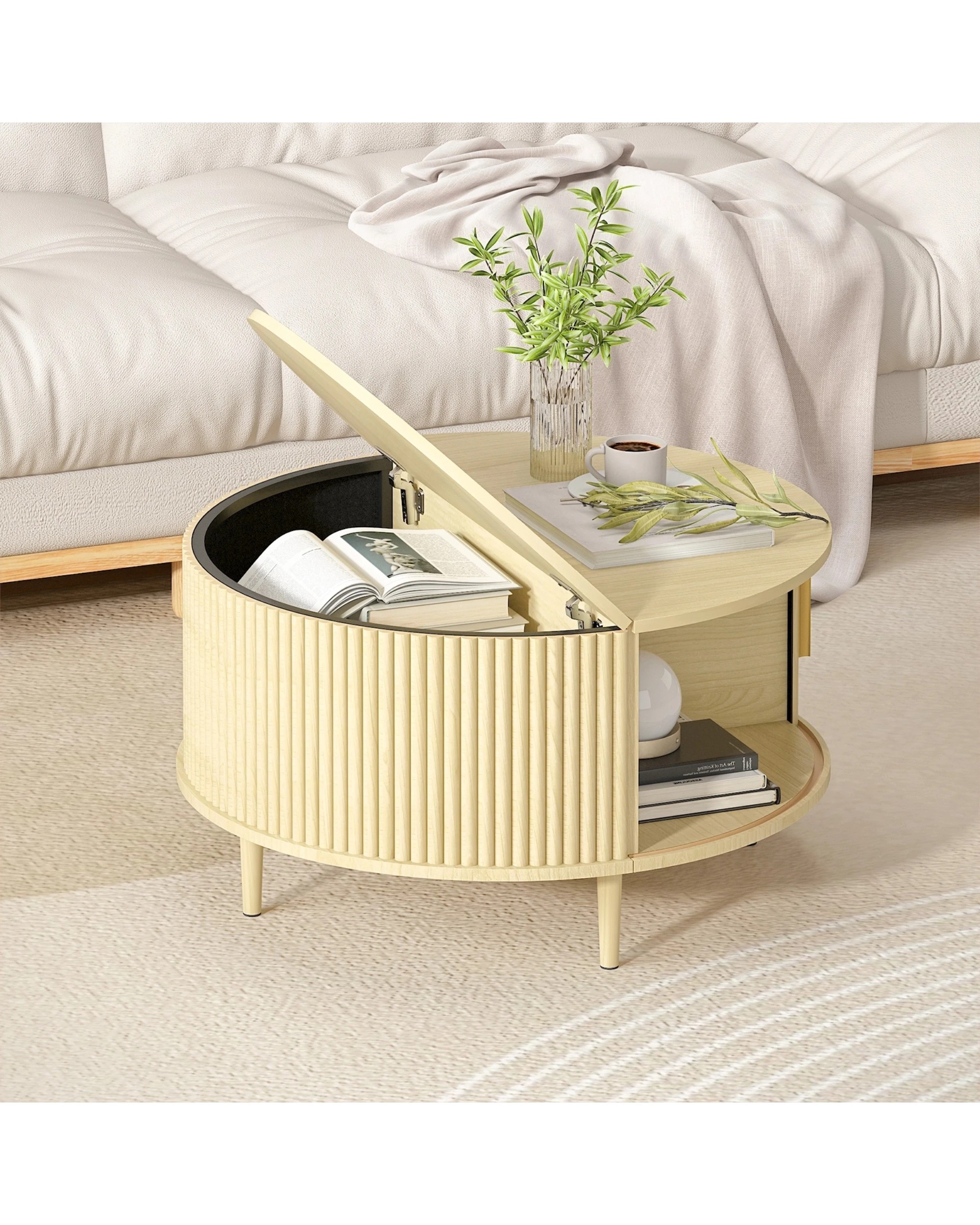 3 Advwin 80cm Round Coffee Table Fluted Center Table w/ Sliding Door Cabinet Side Table w/ Hidden Storage & Shelf, 3 of 8