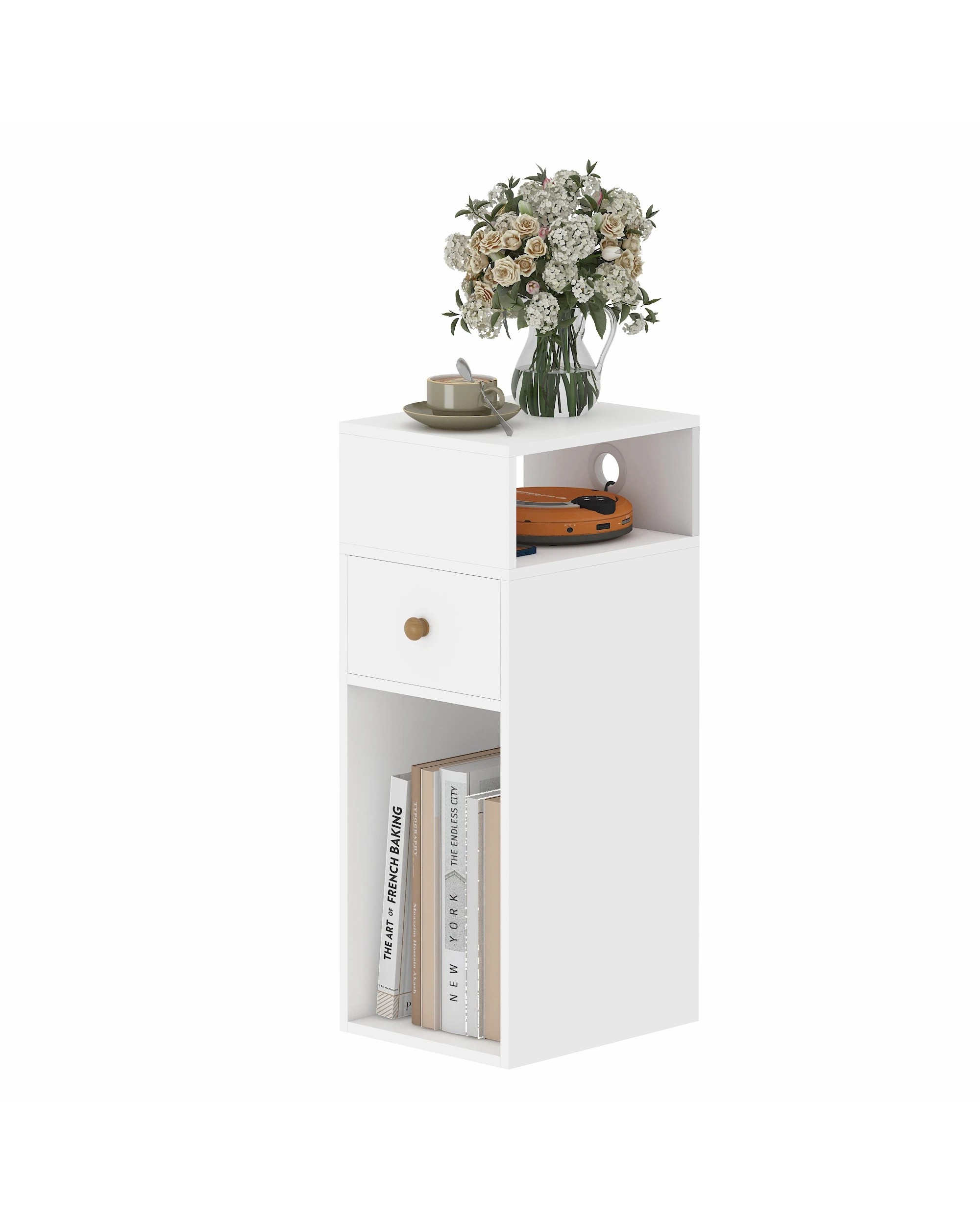 4 Advwin Slim Bedside Table w/ Side Shelf & Drawer - White, 4 of 10