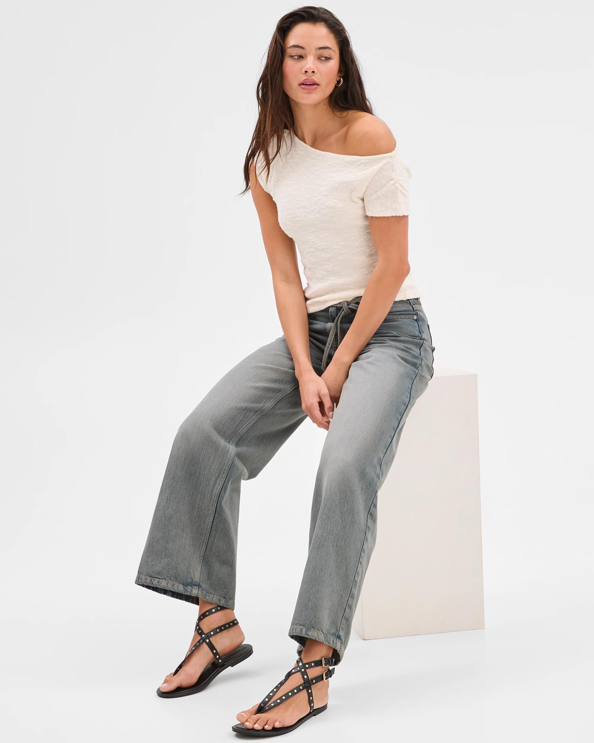 2 Australian Cotton Blend One Shoulder Textured T-shirt - Lily Loves JET STREAM, 2 of 6