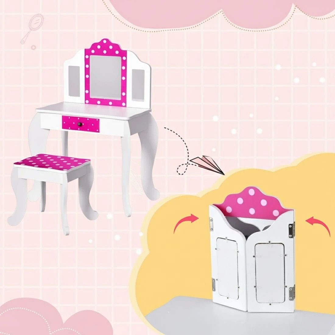 4 Keezi Kids Dressing Table Vanity Makeup Chair Set Wooden 3 Mirror Drawer - Multi, 4 of 4