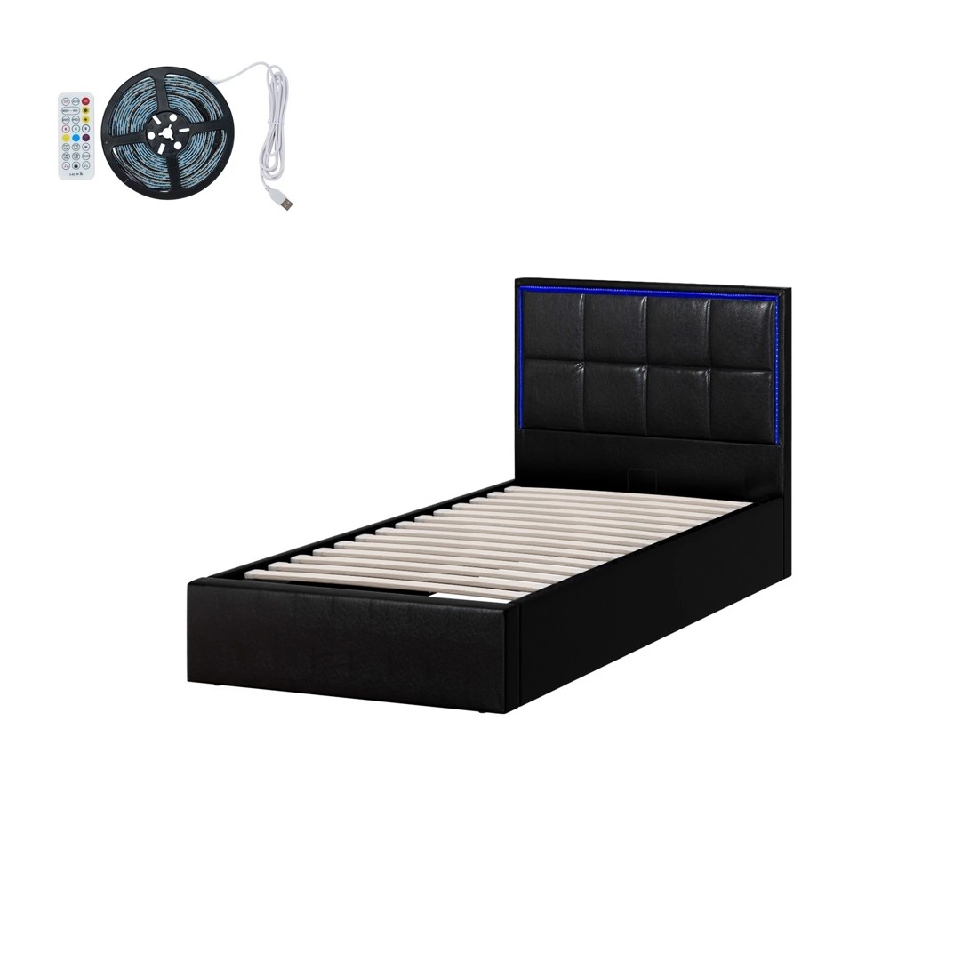 8 Oikiture Bed Frame Single Size RGB LED Gas Lift Storage Base Leather - Black, 8 of 9