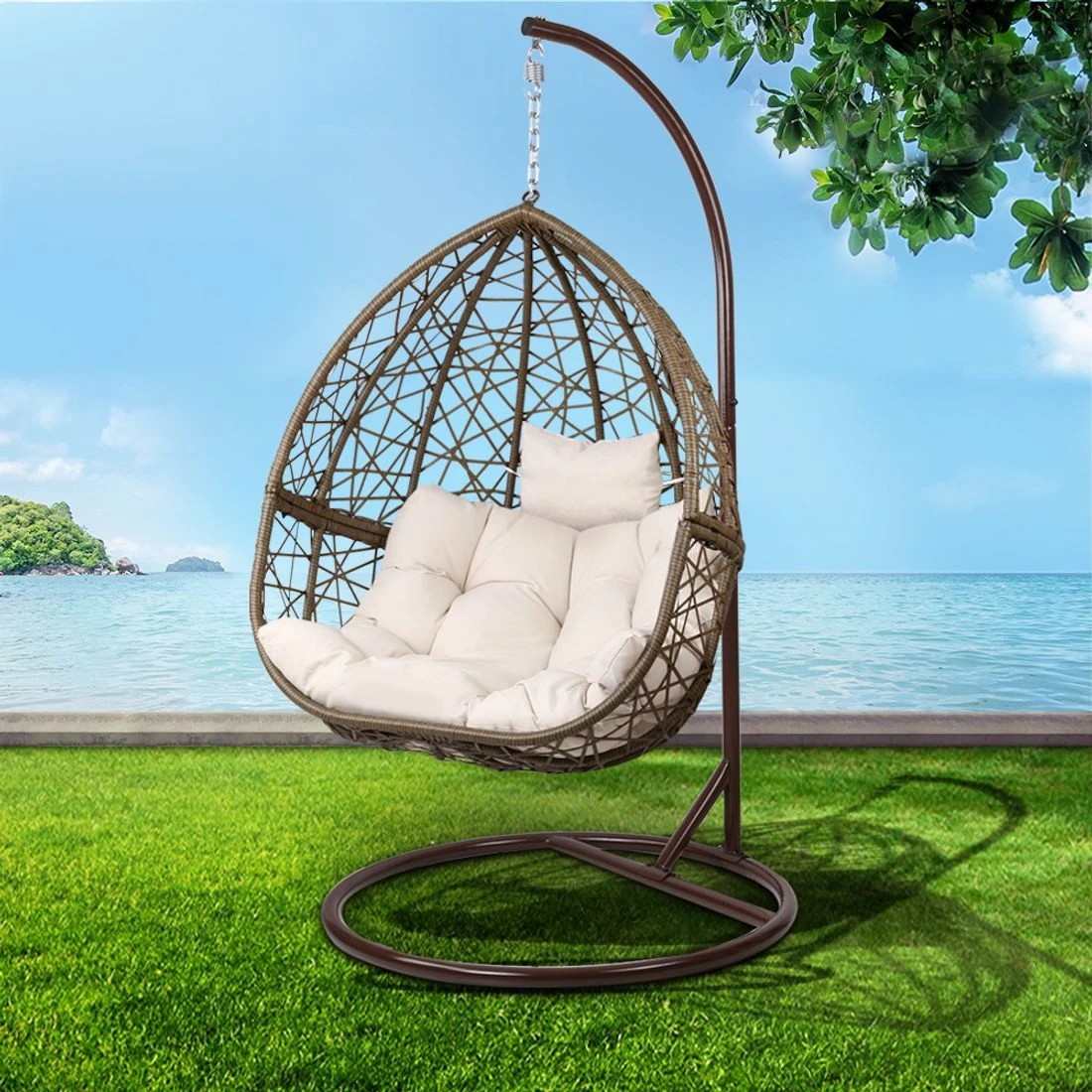 6 Gardeon Outdoor Egg Swing Chair Wicker Rattan Furniture Pod Stand Cushion - Beige, 6 of 6