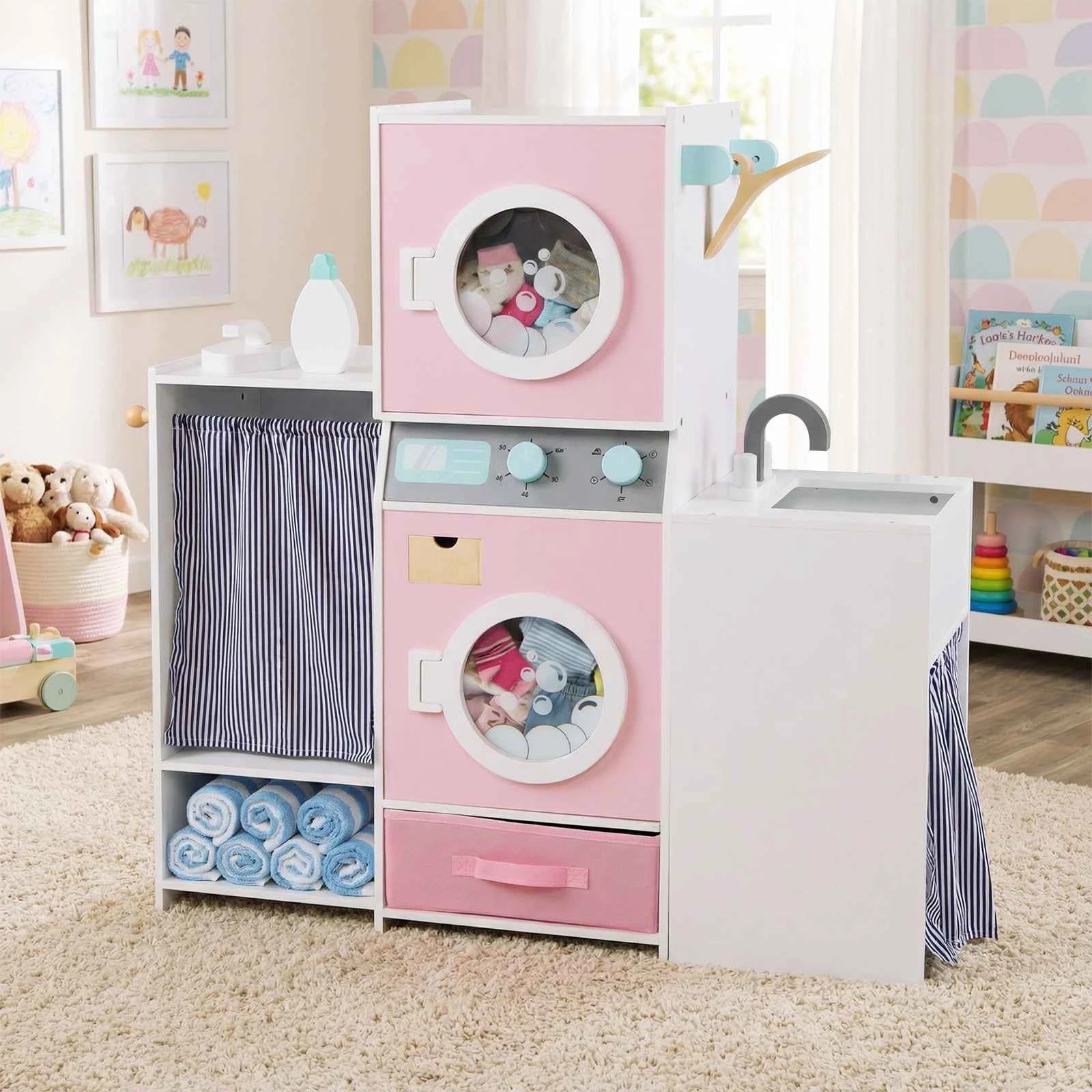 2 Costway Wooden Laundry Playset Pretend Play Washing Machine Toy - Pink, 2 of 2