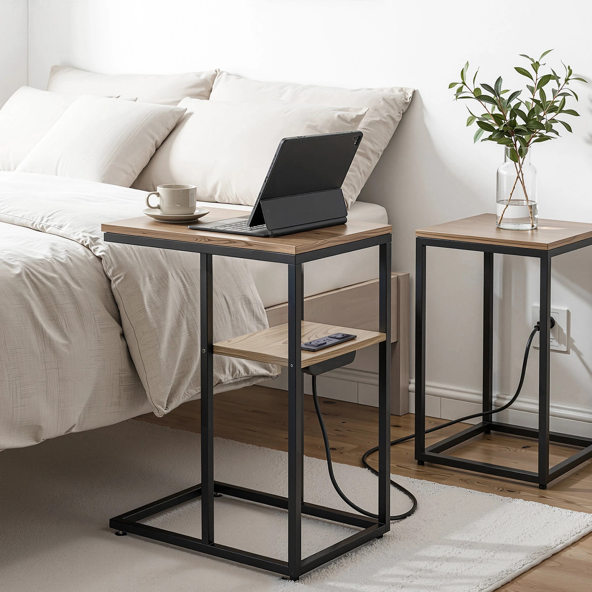 3 Artiss C-Shaped End Table Charging Station 2-Tier Smart Side Coffee Table Bedside Wood - Black, 3 of 8