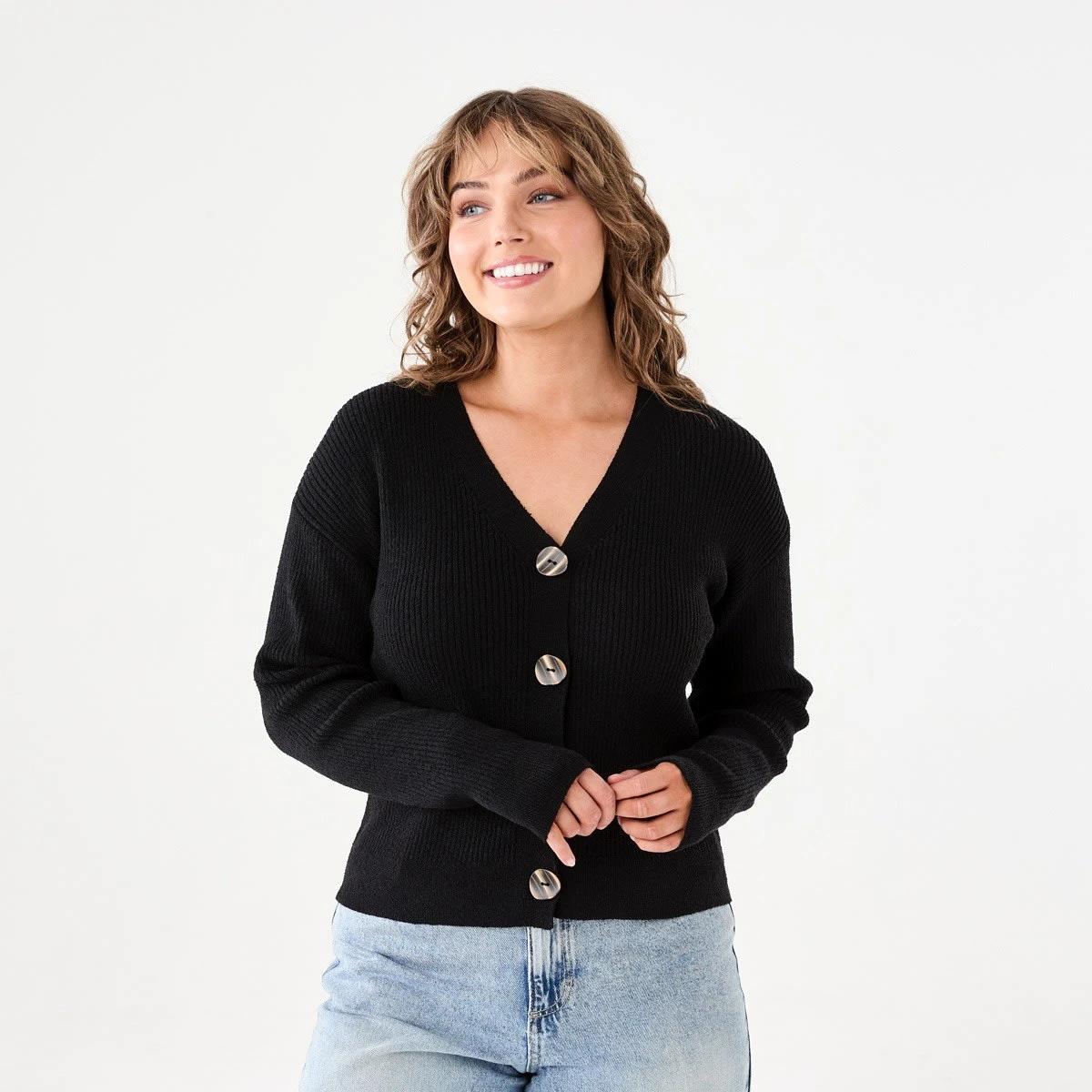 1 Textured V-Neck Cardigan BLACK, 1 of 6