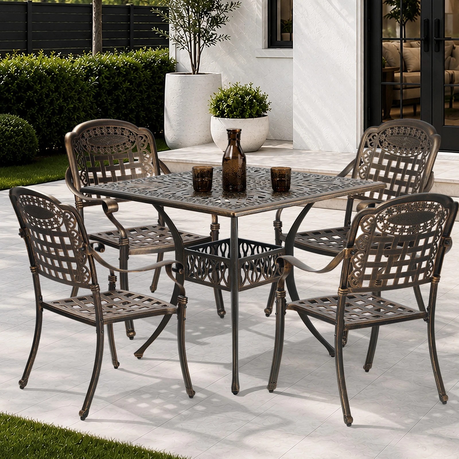 3 Livsip 5 Piece Outdoor Dining Setting Bistro Patio Set Cast Aluminium Furniture - Bronze, 3 of 7