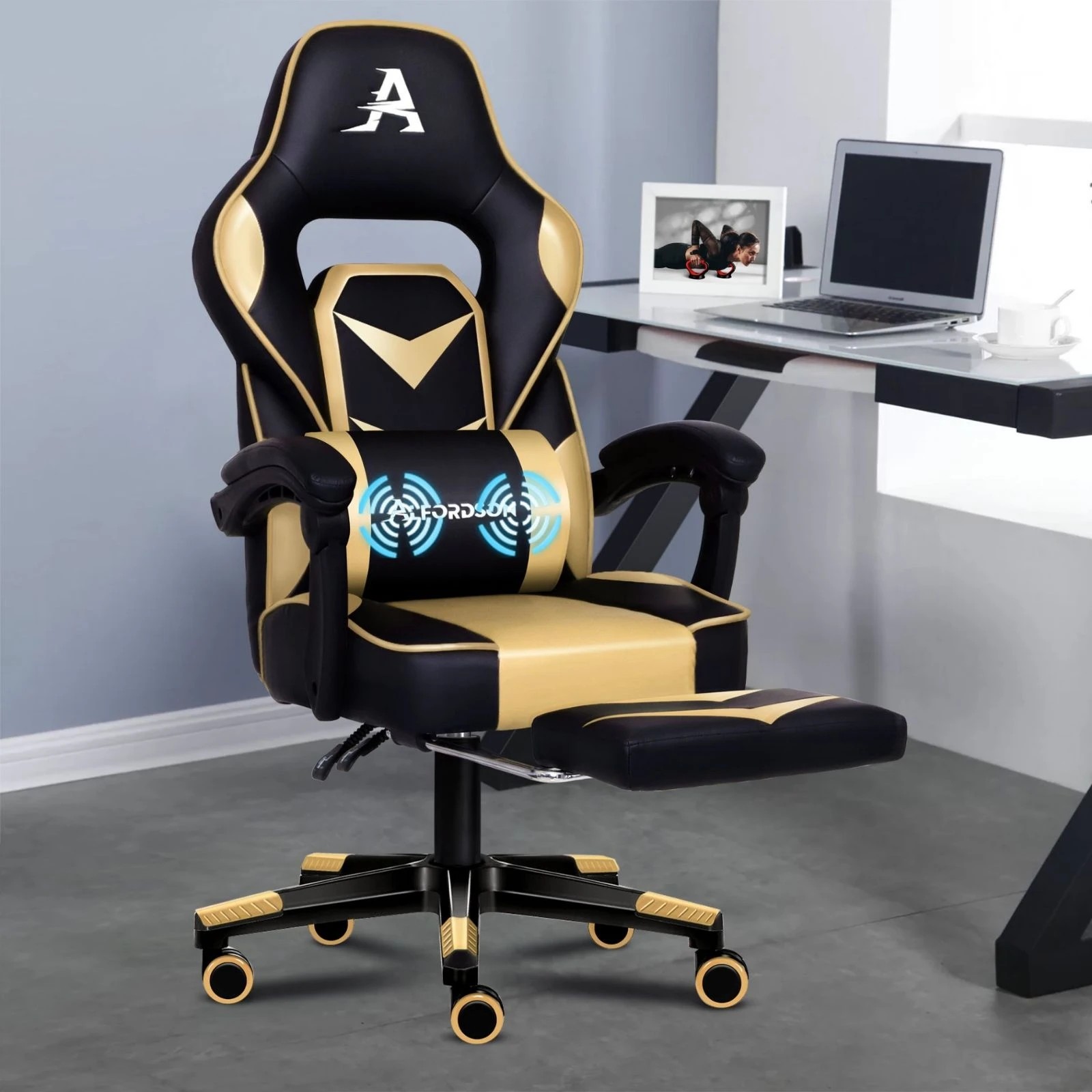 2 Alfordson Gaming Chair Office Seat Lumbar Massage Footrest Executive Racing - Gold, 2 of 10
