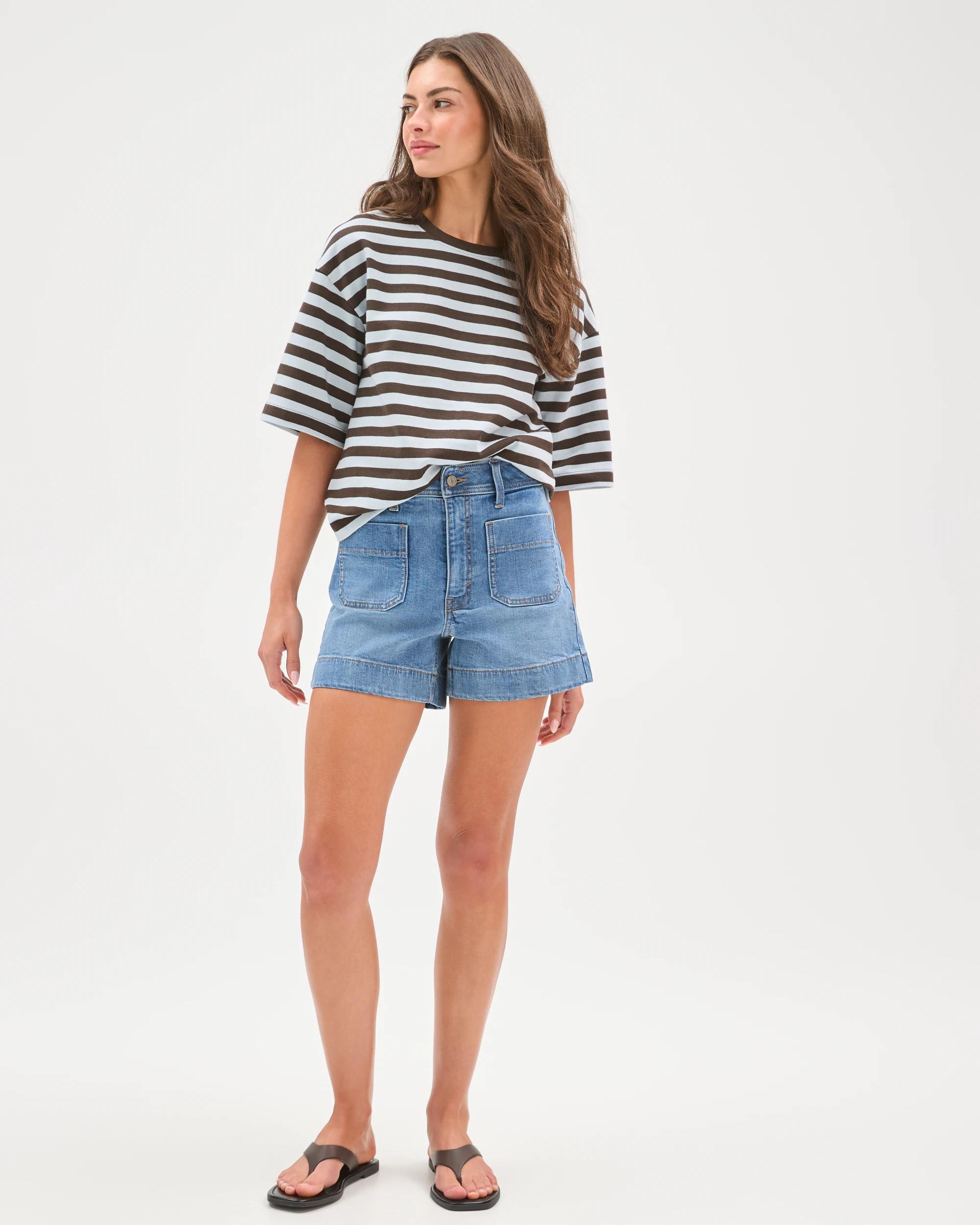 1 Target Petites Australian Cotton 3/4 Wide Sleeve Boxy T-Shirt BLACK COFFEE/BLUE MIST STRIPE, 1 of 7