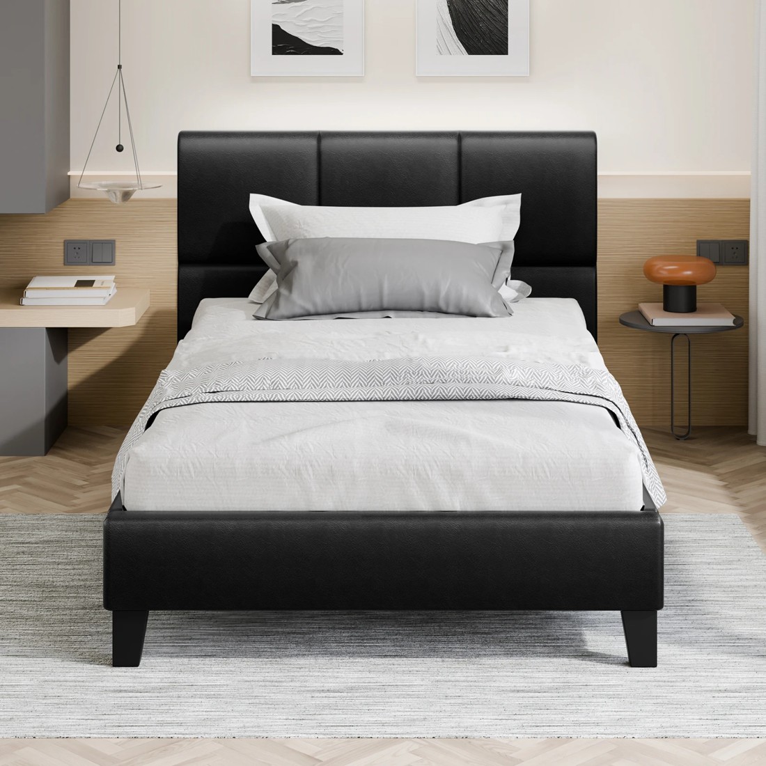 3 Alfordson Bed Frame Single Size Wooden Platform Mattress Base Leather - Black, 3 of 10