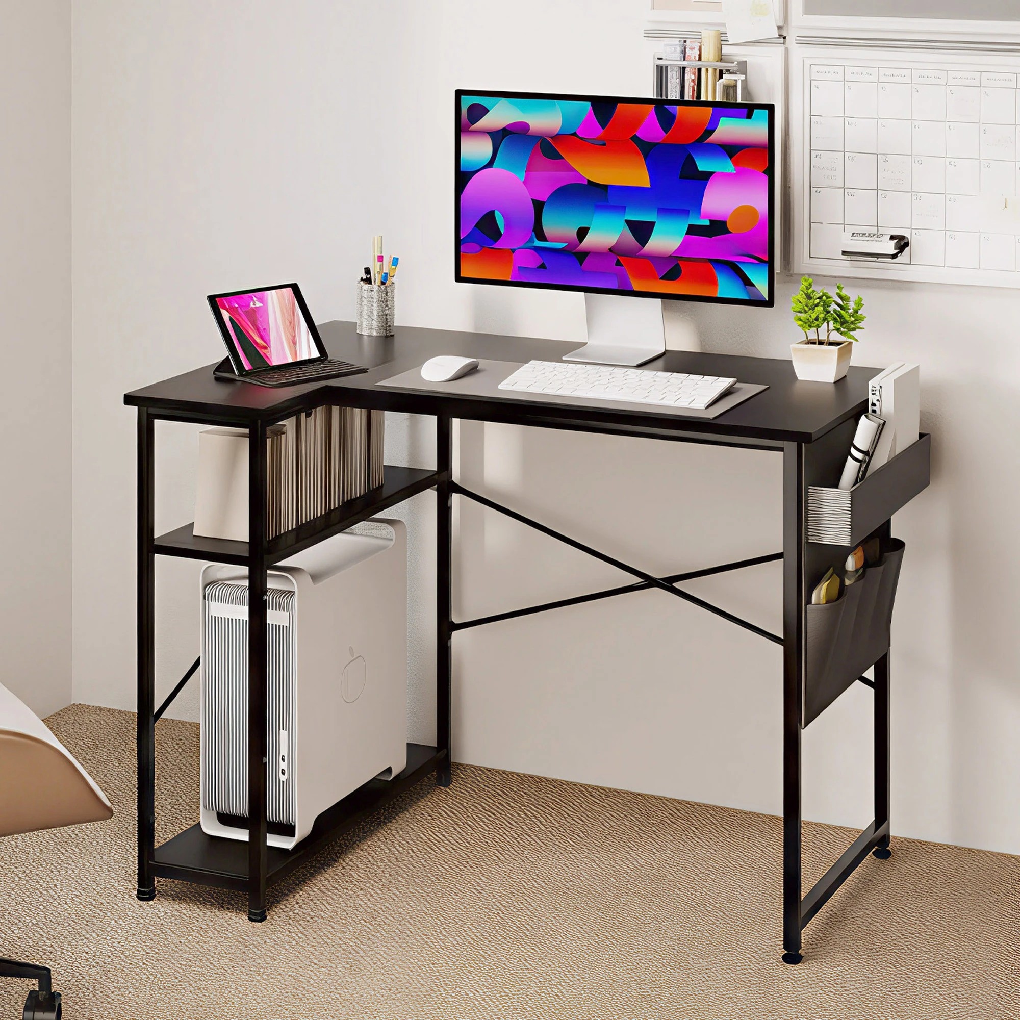 8 Levede L-shaped Gaming Desk  2 Storage Shelves - Black, 8 of 9