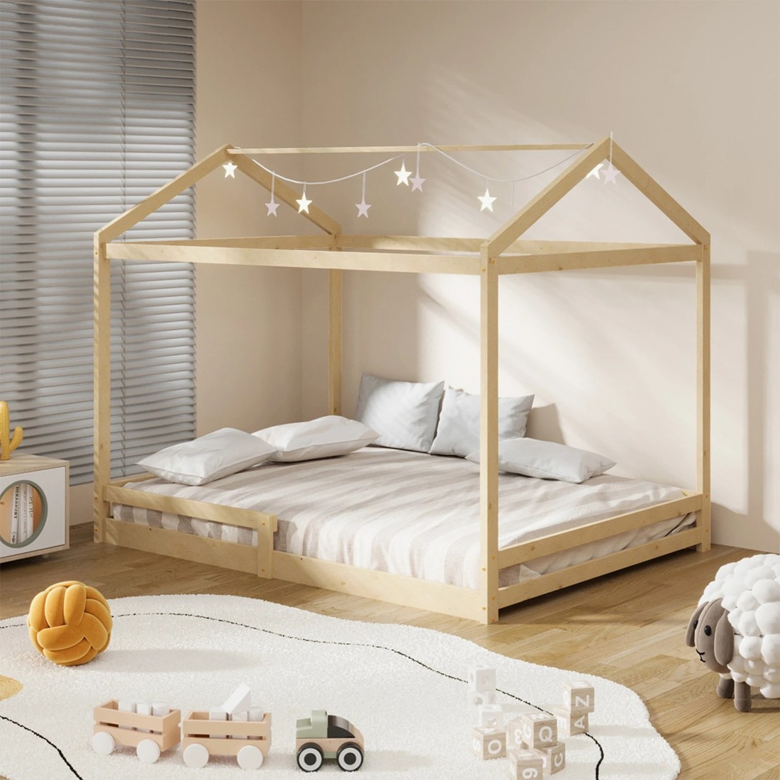 9 Oikiture Double Kids Wooden Bed Frame Timber House Beds Base With Fence
 - Natural, 9 of 10