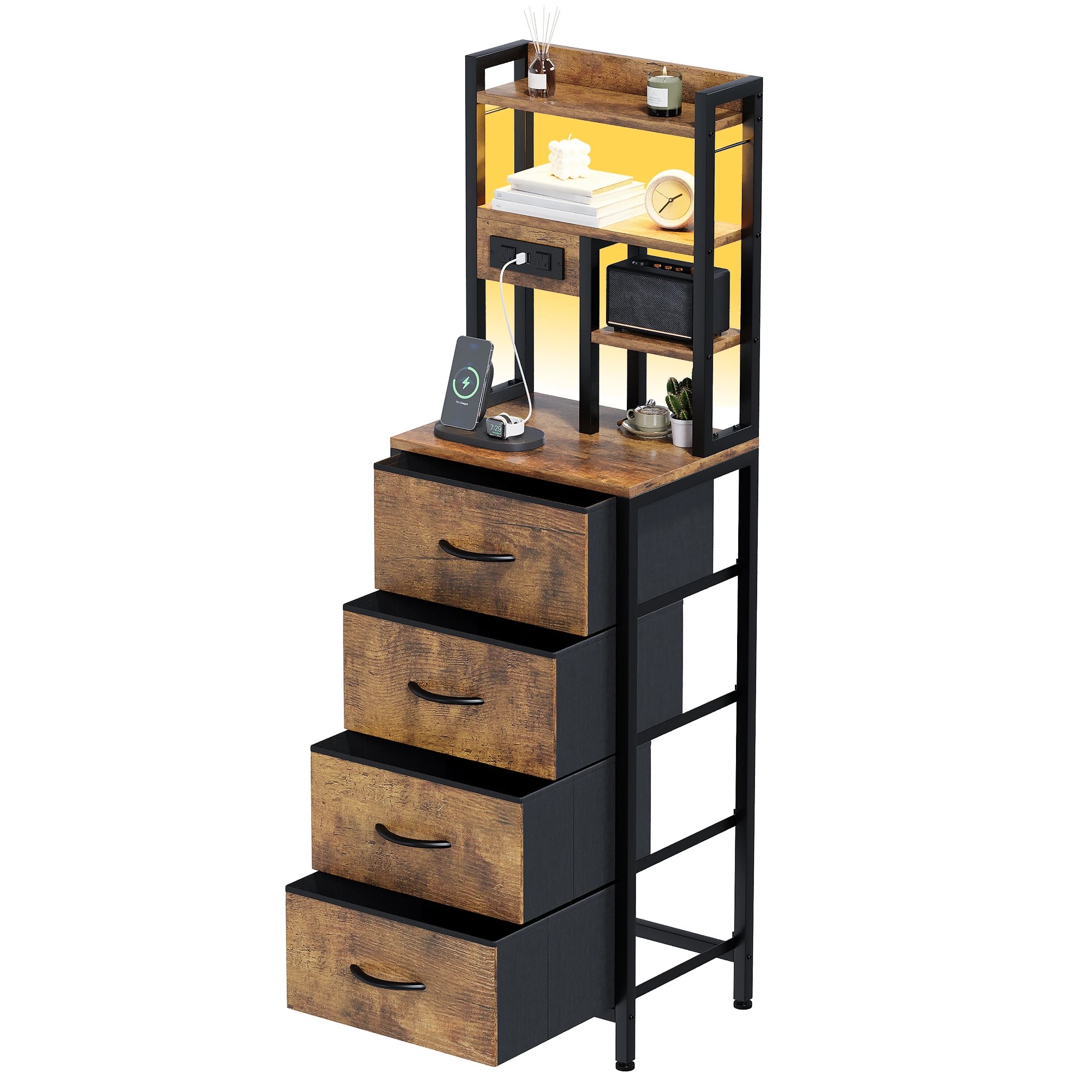 4 Advwin Set of 2 LED Tall Bedside Table with Charging Station 4 Drawers Open Shelves - Brown, 4 of 6