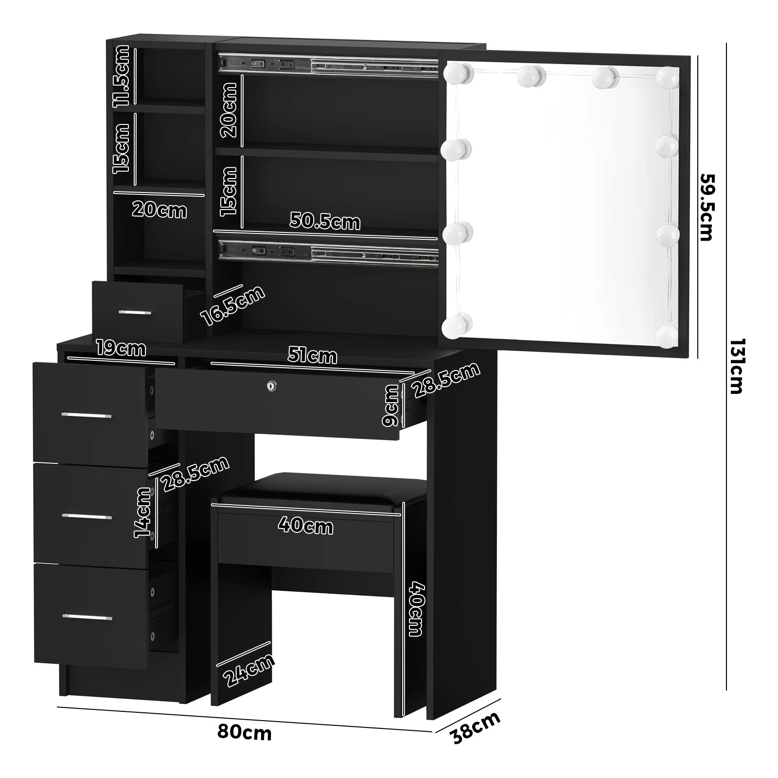 9 Oikiture Dressing Table Stool Set Makeup Slide Mirror Drawer 10 Led Bulbs
 - Black, 9 of 9