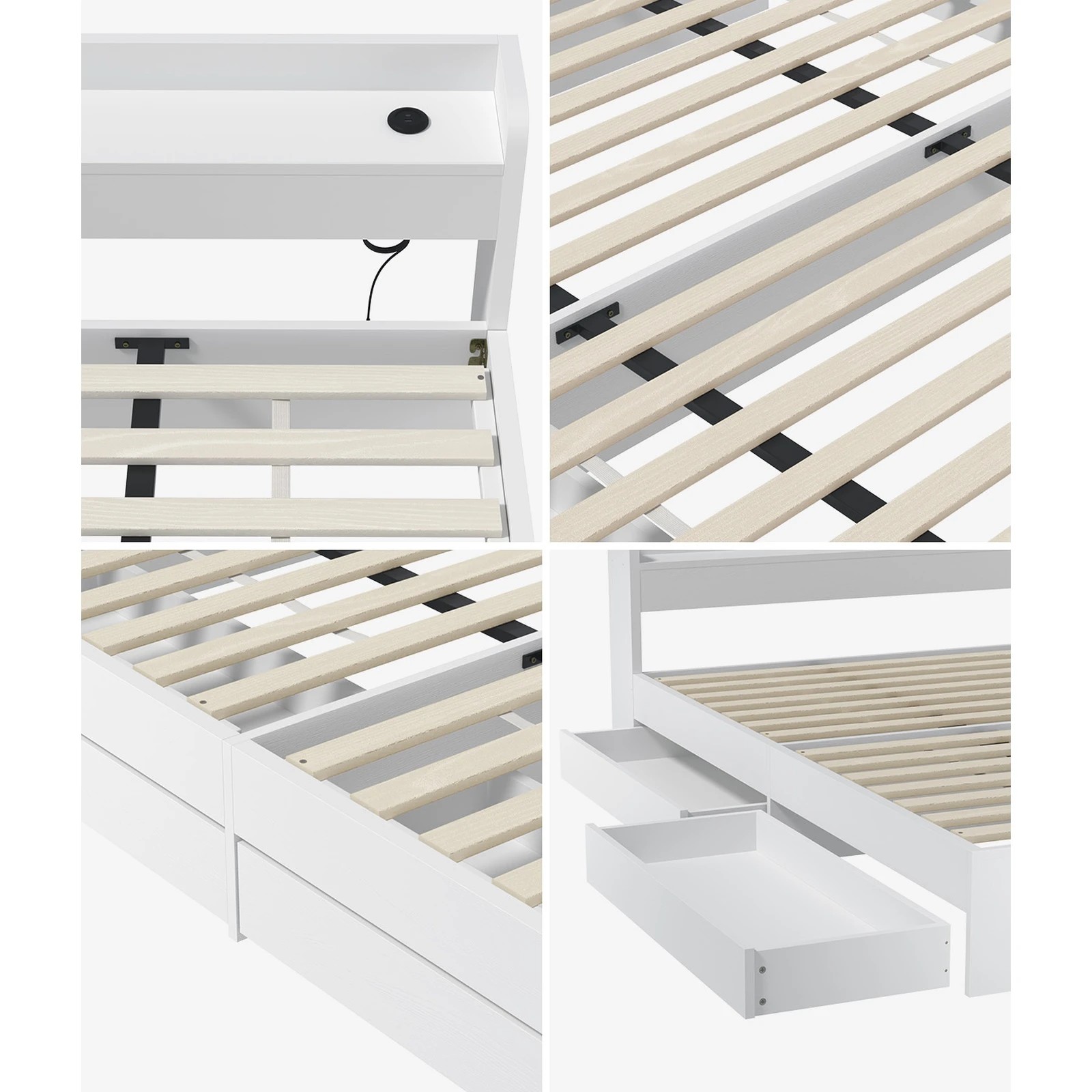 5 Oikiture King Bed With Charging Ports & 2 Drawers Timber Bed Frame
 - White, 5 of 10