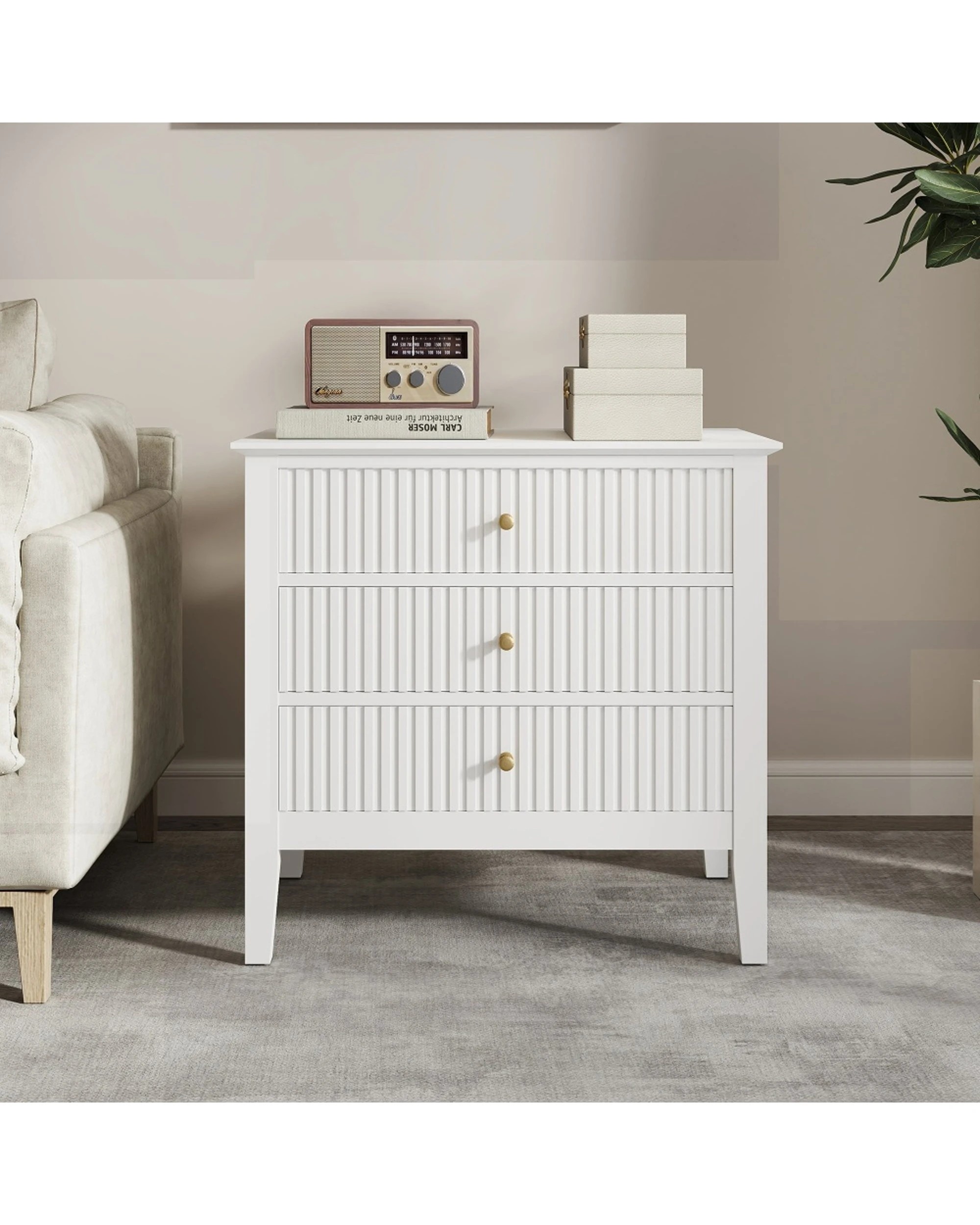 2 Alpine Bay Zara Fluted Wide 3 Drawer MDF Storage Bedside Table Storage Furniture - White, 2 of 7