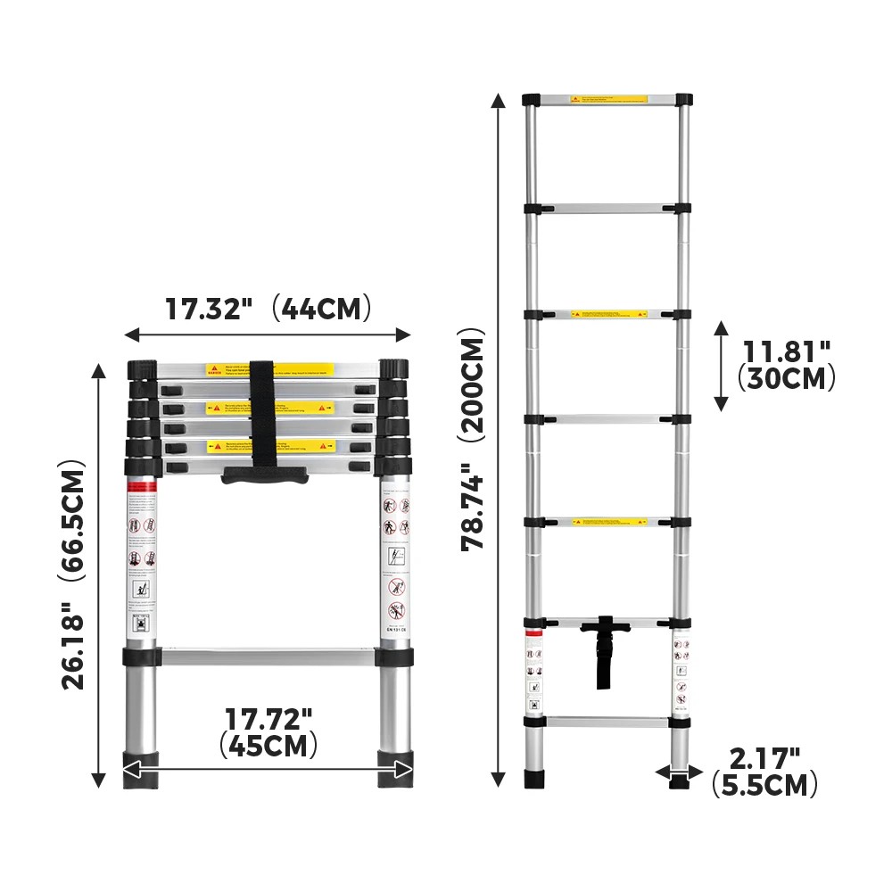 2 ZUNI 2M Telescopic Aluminium Ladder 150kg Load Height Locking Extension Step - Multi, 2 of 3